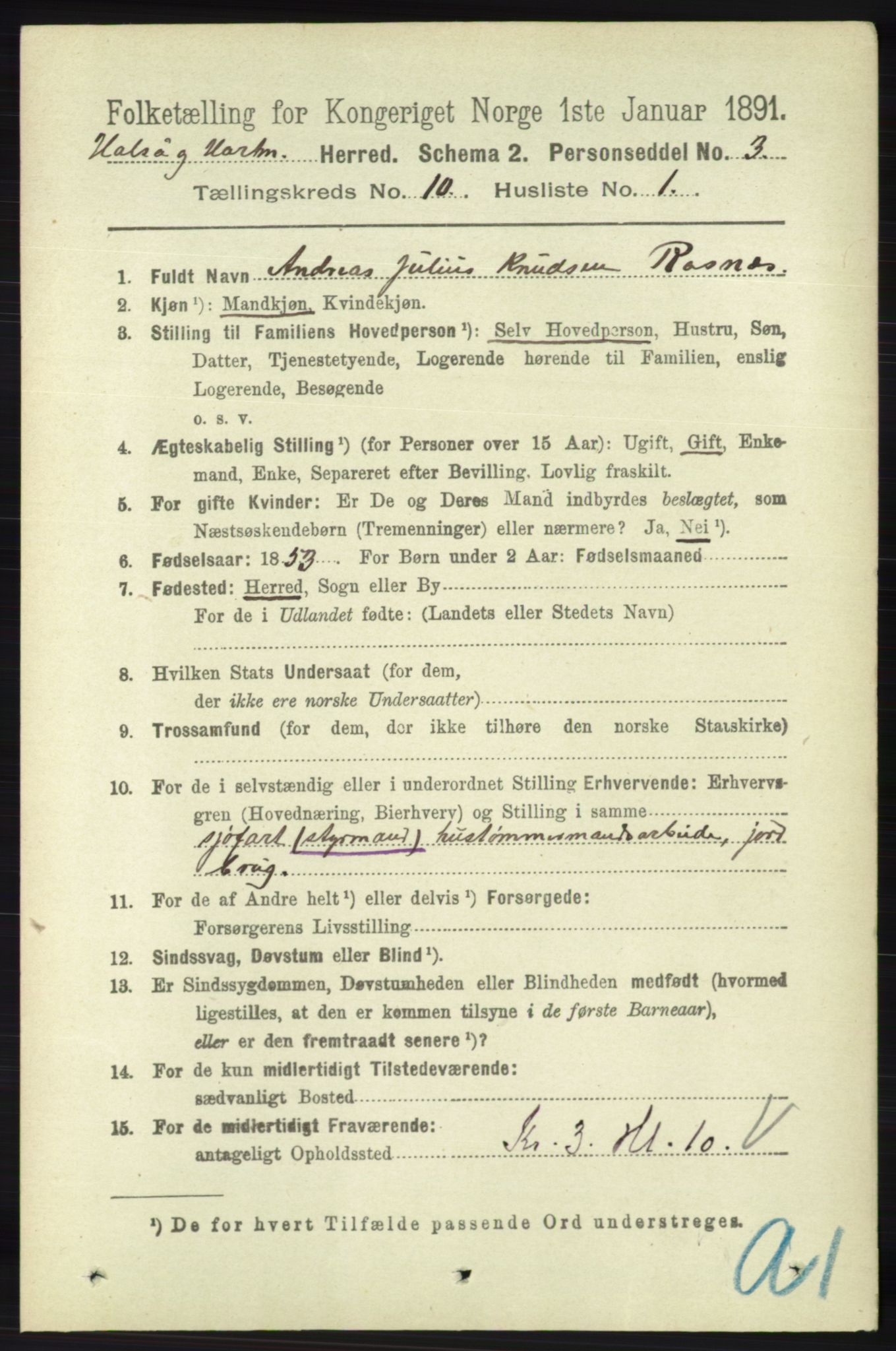 RA, 1891 census for 1019 Halse og Harkmark, 1891, p. 3768