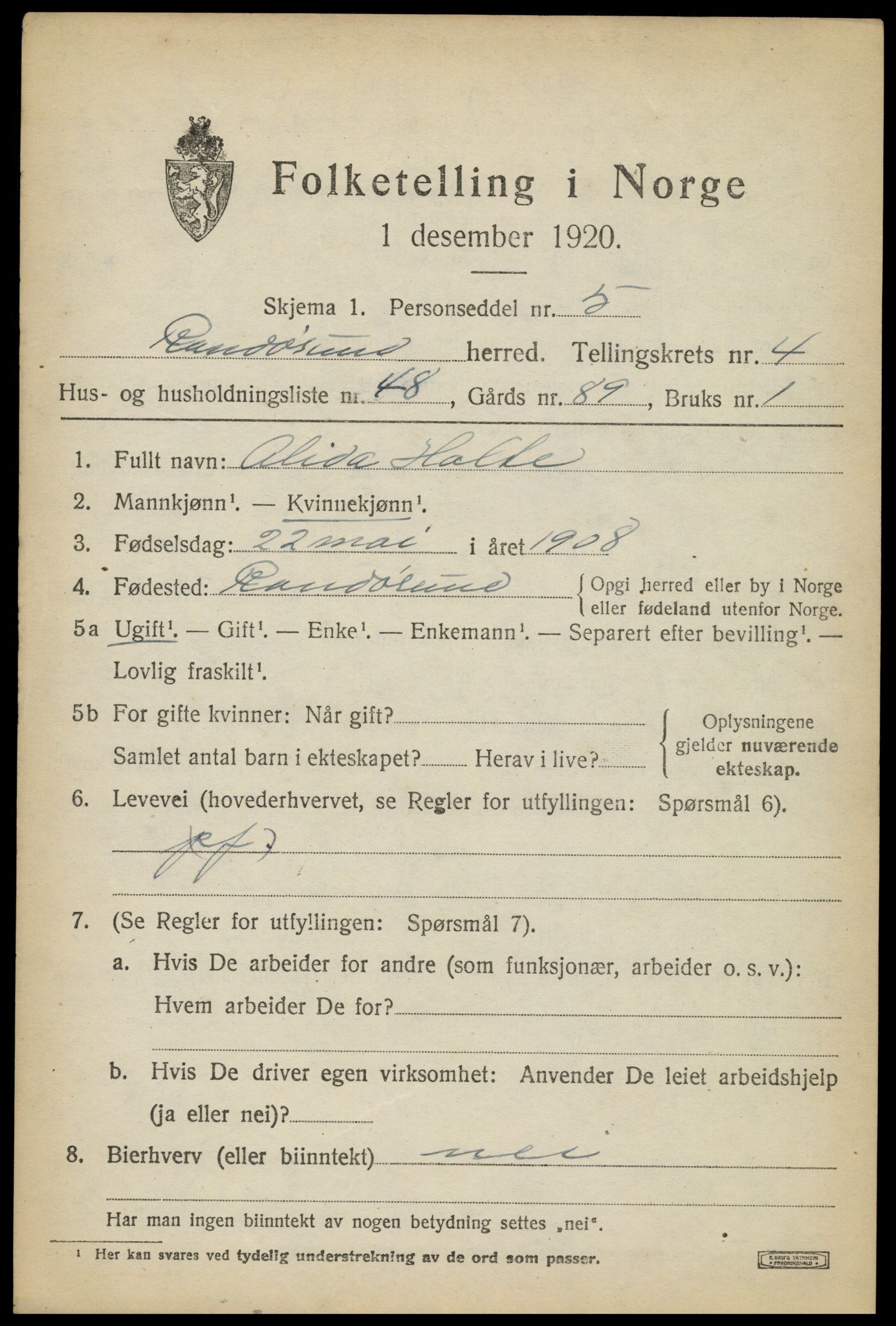 SAK, 1920 census for Randesund, 1920, p. 2284