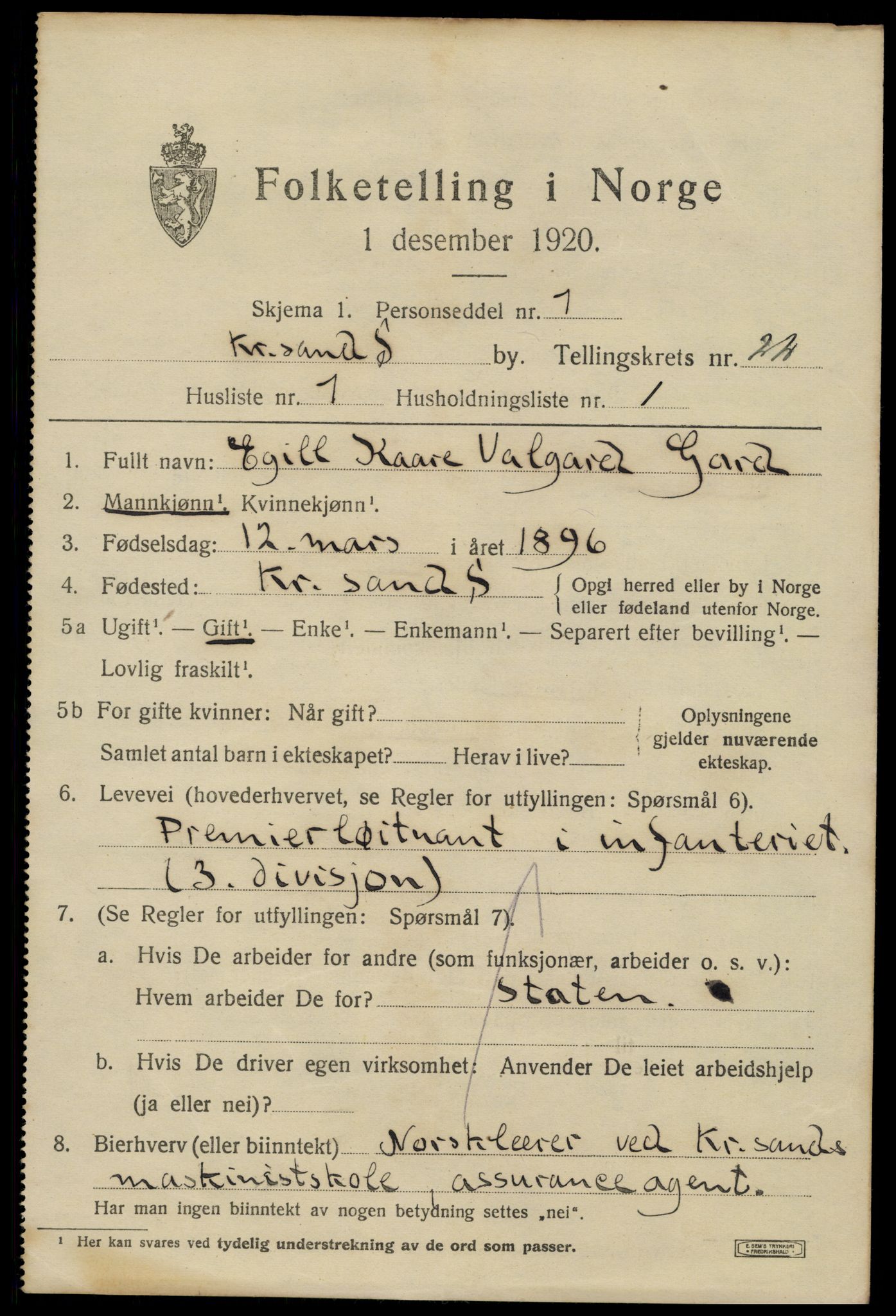 SAK, 1920 census for Kristiansand, 1920, p. 38397