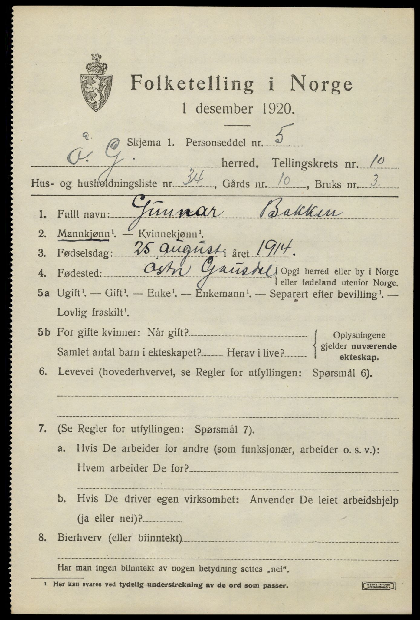 SAH, 1920 census for Østre Gausdal, 1920, p. 5812