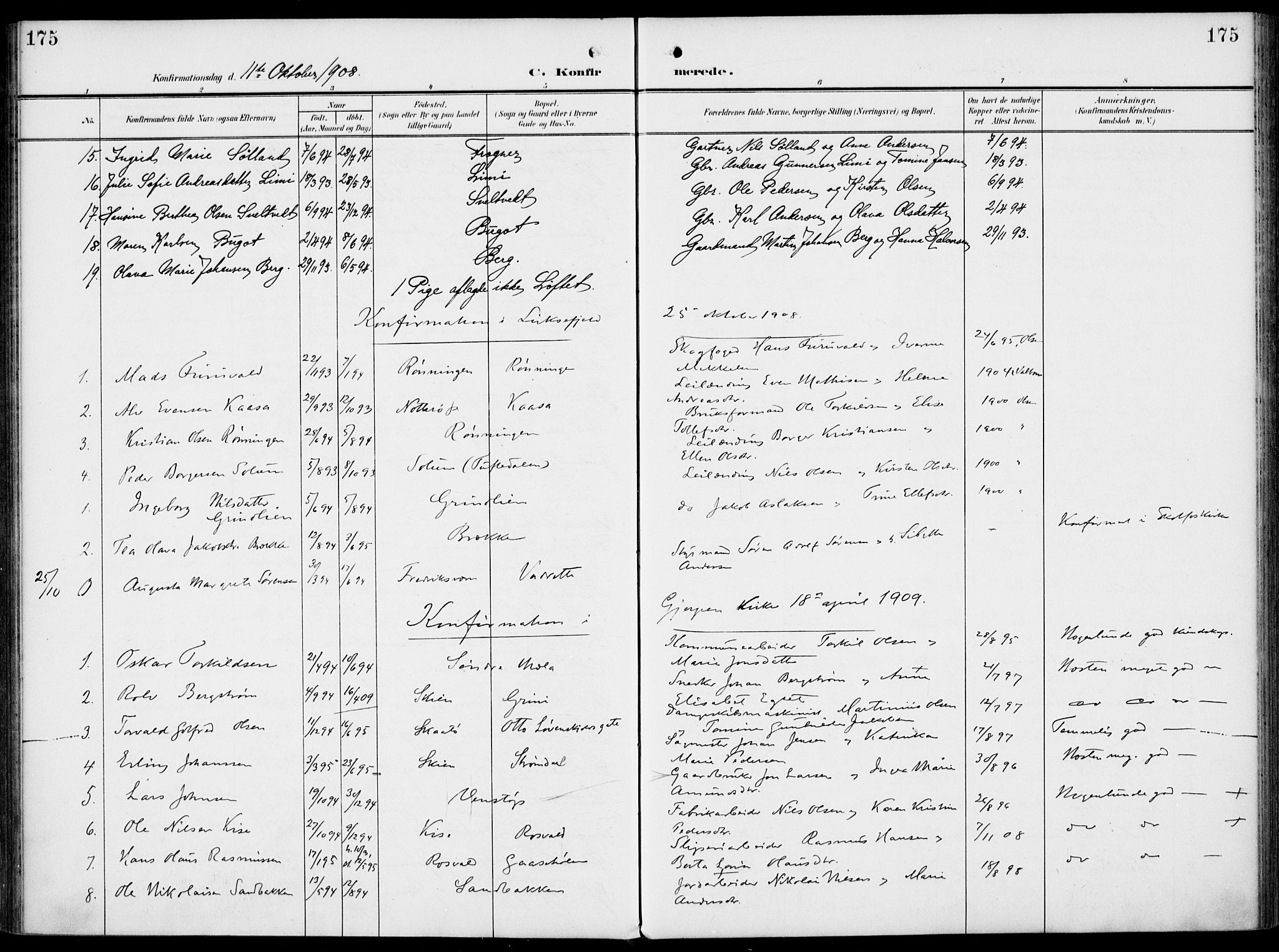 Gjerpen kirkebøker, SAKO/A-265/F/Fa/L0012: Parish register (official) no. I 12, 1905-1913, p. 175