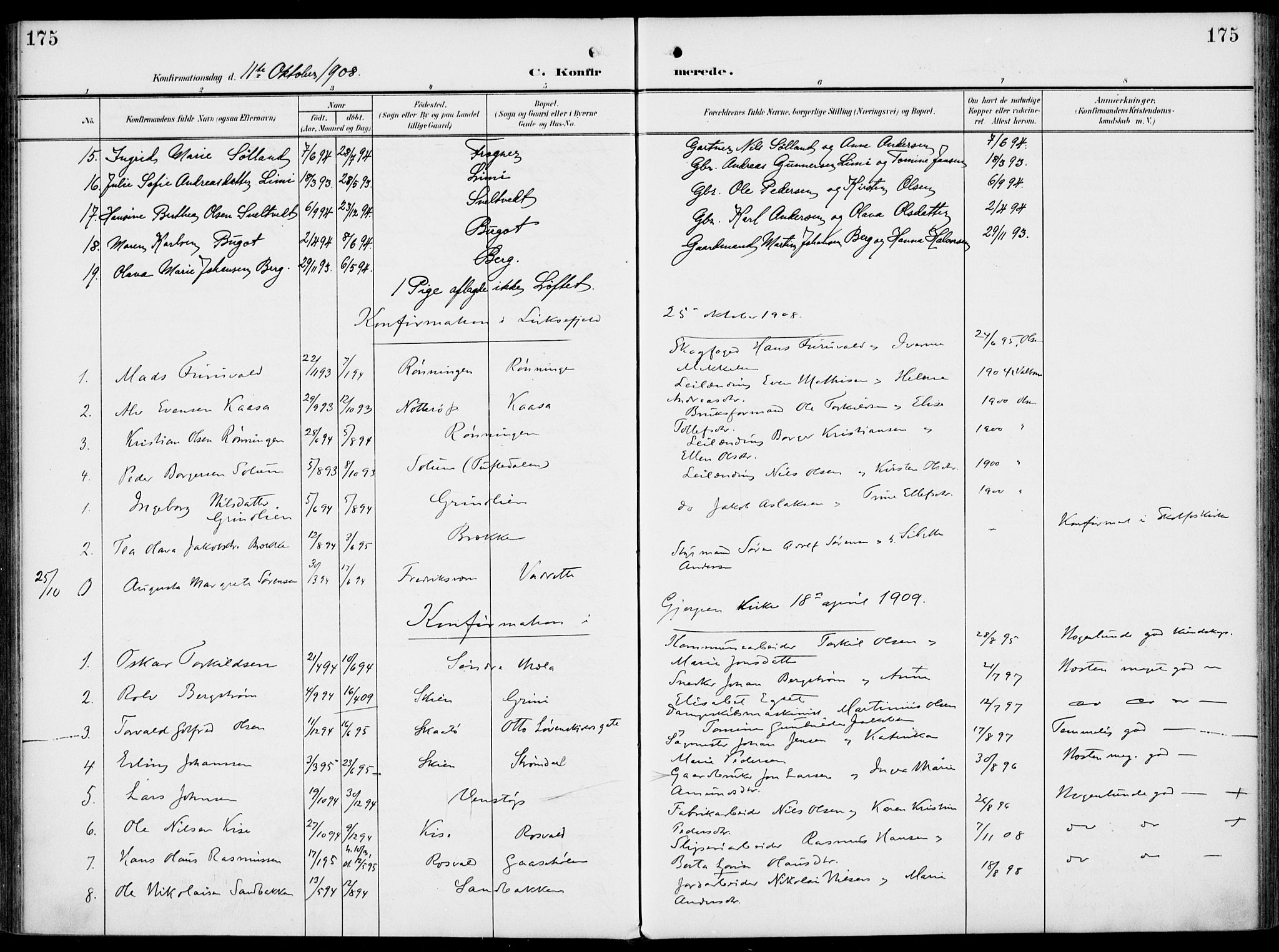 Gjerpen kirkebøker, AV/SAKO-A-265/F/Fa/L0012: Parish register (official) no. I 12, 1905-1913, p. 175
