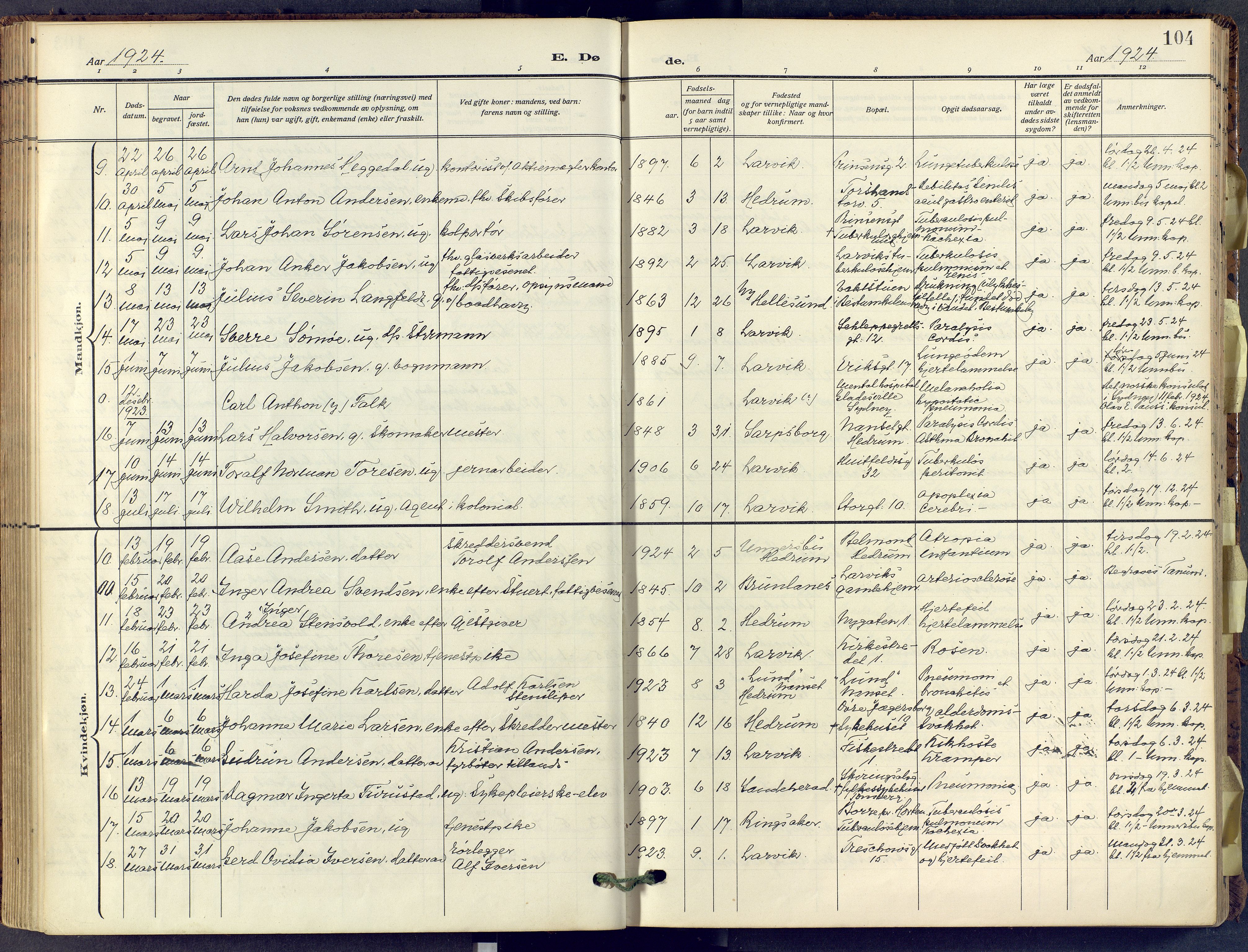 Larvik kirkebøker, SAKO/A-352/F/Fa/L0013: Parish register (official) no. I 13, 1910-1960, p. 104