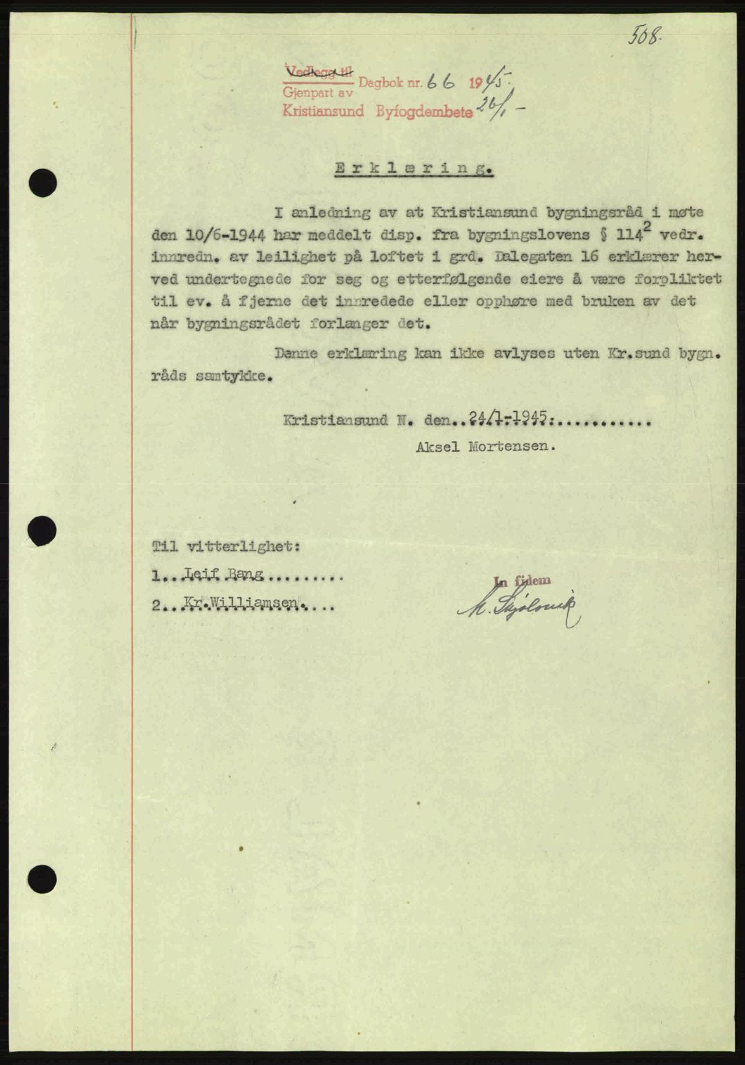 Kristiansund byfogd, AV/SAT-A-4587/A/27: Mortgage book no. 37-38, 1943-1945, Diary no: : 66/1945