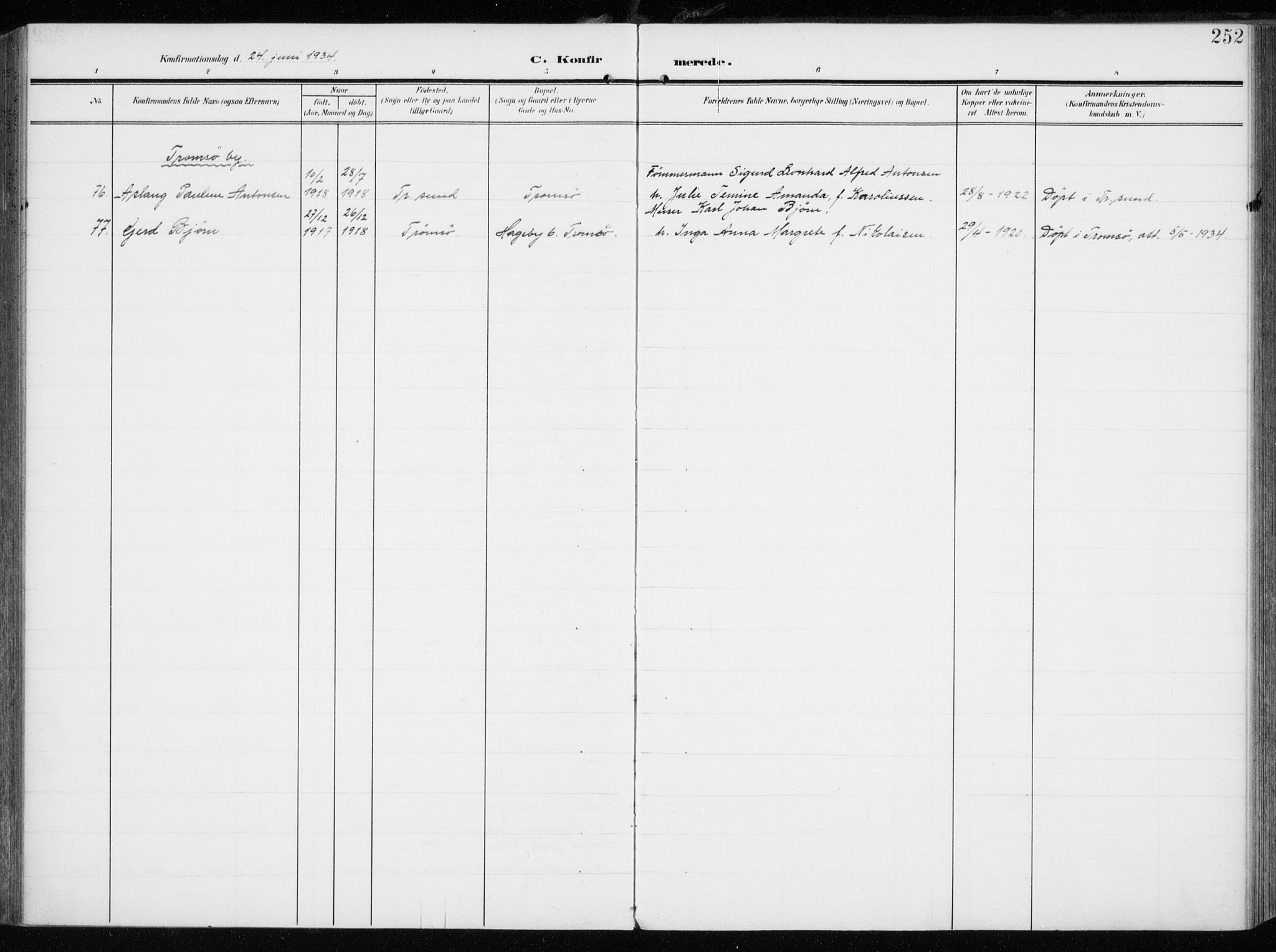 Tromsøysund sokneprestkontor, AV/SATØ-S-1304/G/Ga/L0007kirke: Parish register (official) no. 7, 1907-1914, p. 252