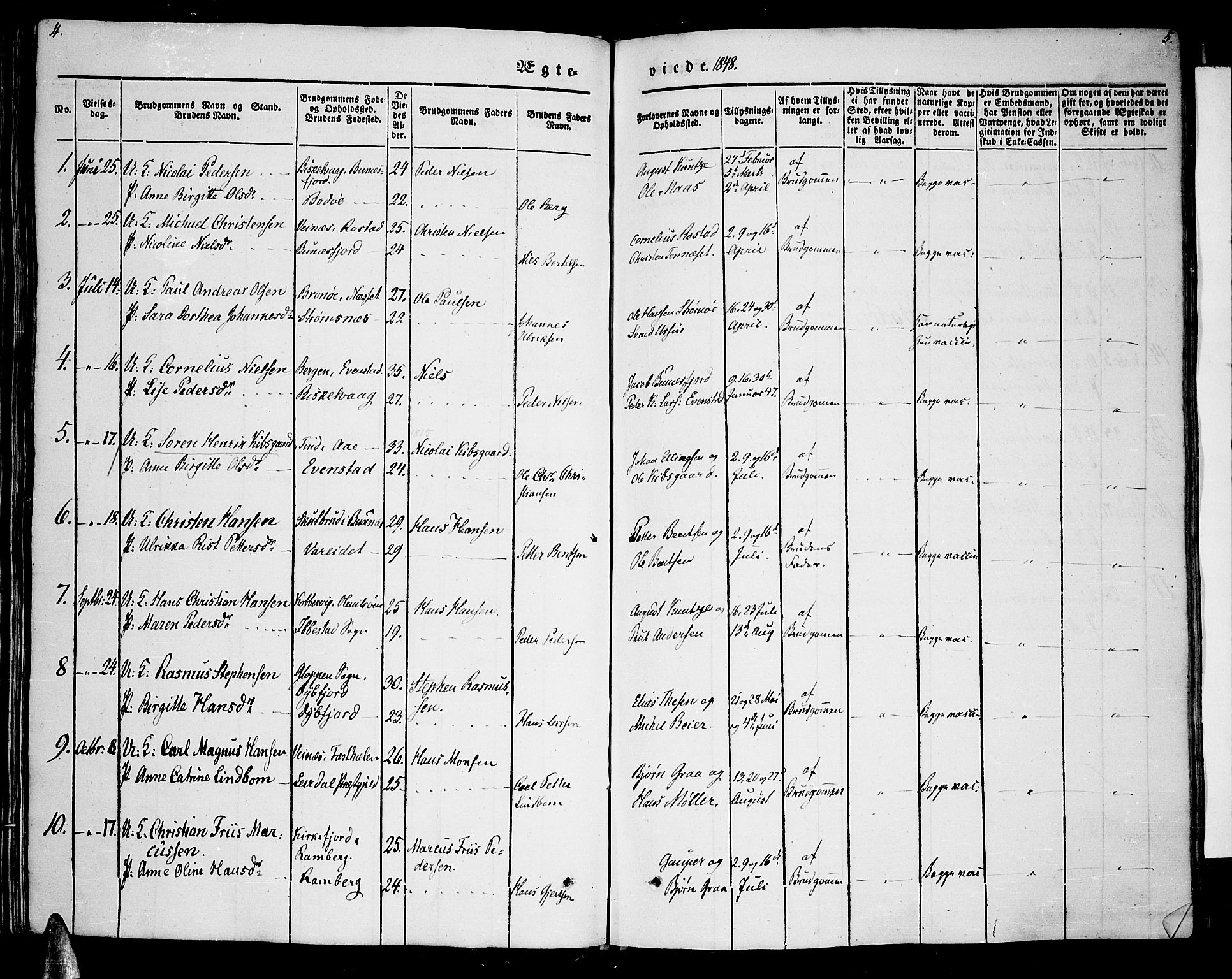 Ministerialprotokoller, klokkerbøker og fødselsregistre - Nordland, AV/SAT-A-1459/885/L1212: Parish register (copy) no. 885C01, 1847-1873, p. 4-5