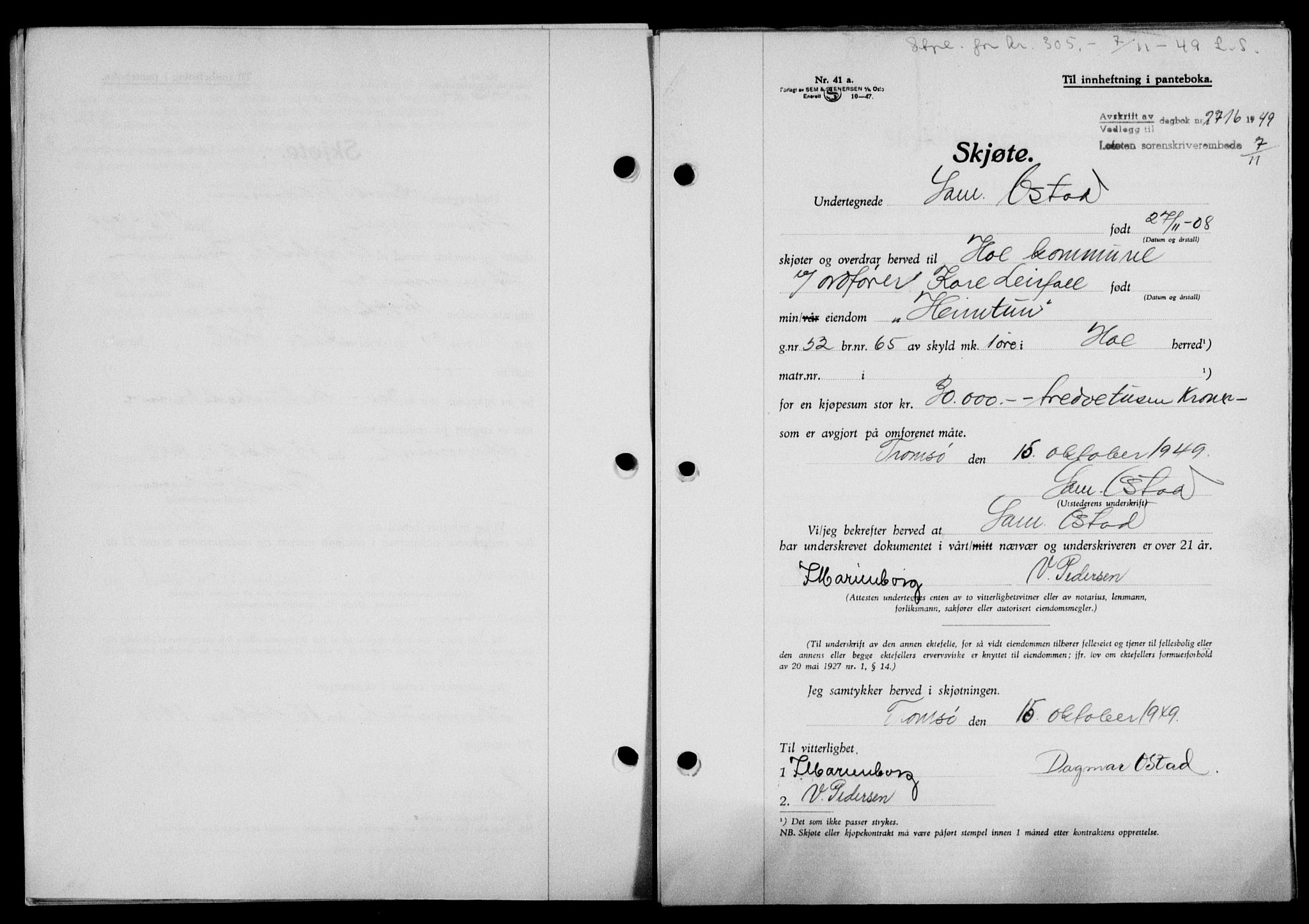 Lofoten sorenskriveri, SAT/A-0017/1/2/2C/L0022a: Mortgage book no. 22a, 1949-1950, Diary no: : 2716/1949