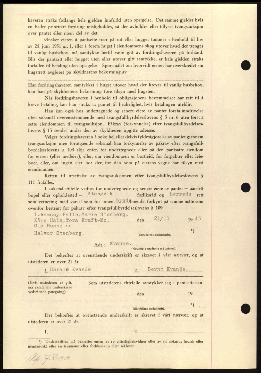 Nordmøre sorenskriveri, AV/SAT-A-4132/1/2/2Ca: Mortgage book no. B93a, 1945-1945, Diary no: : 1537/1945