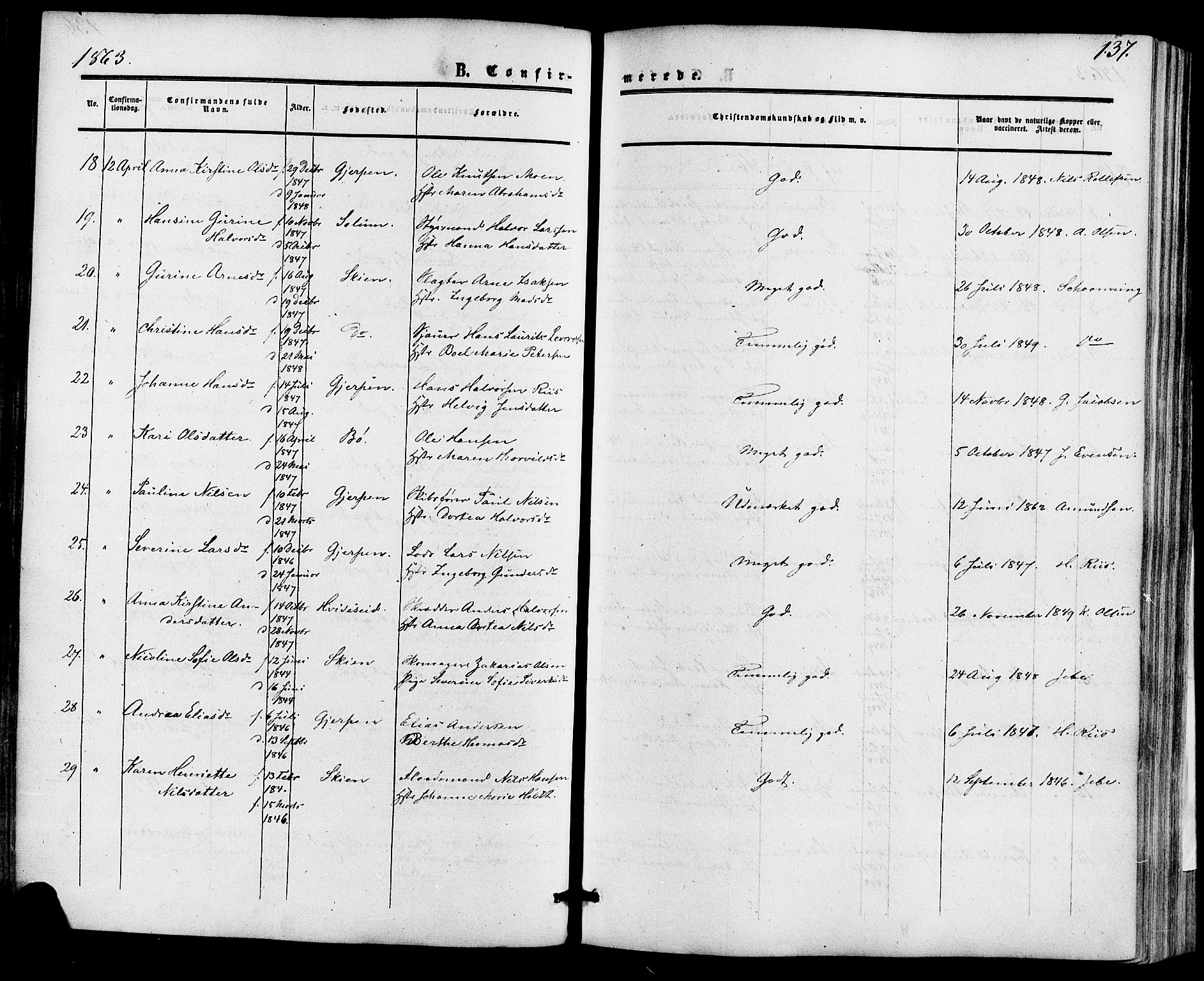 Skien kirkebøker, AV/SAKO-A-302/F/Fa/L0007: Parish register (official) no. 7, 1856-1865, p. 137