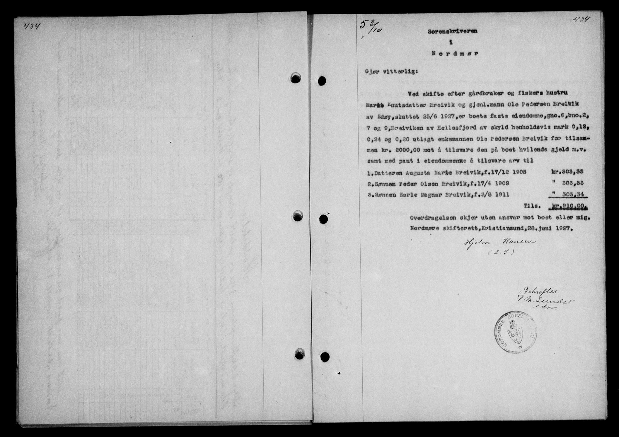 Nordmøre sorenskriveri, AV/SAT-A-4132/1/2/2Ca/L0062: Mortgage book no. 52, 1927-1927, Deed date: 03.10.1927