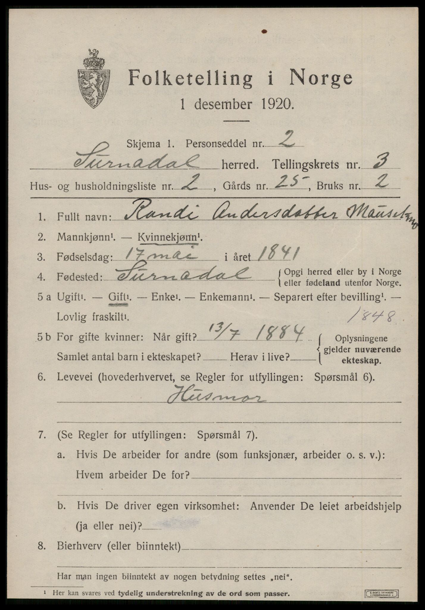 SAT, 1920 census for Surnadal, 1920, p. 2643