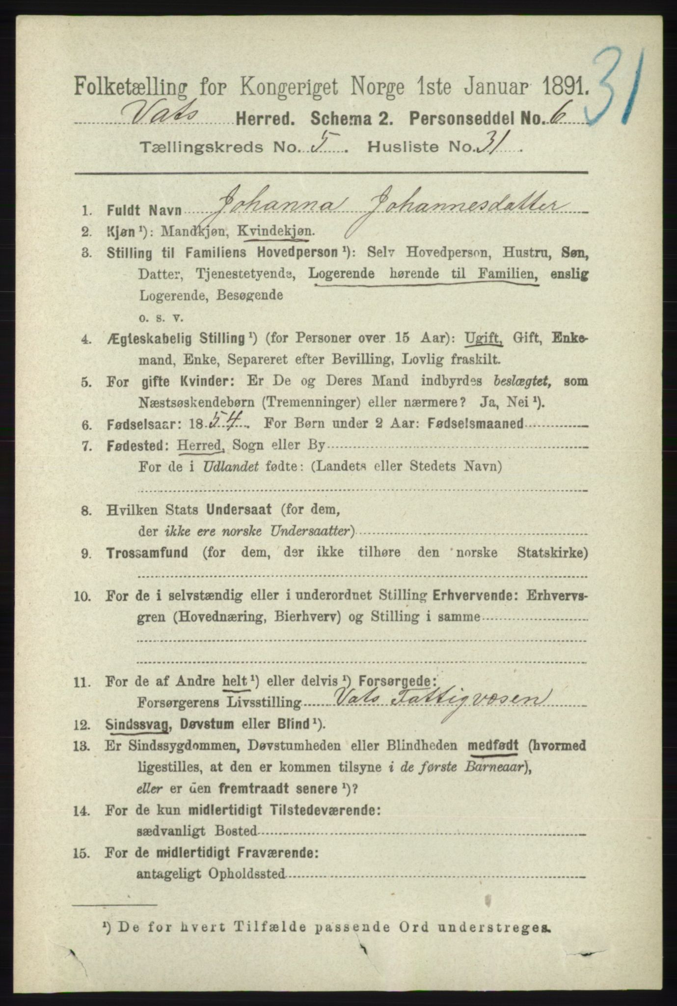 RA, 1891 census for 1155 Vats, 1891, p. 920