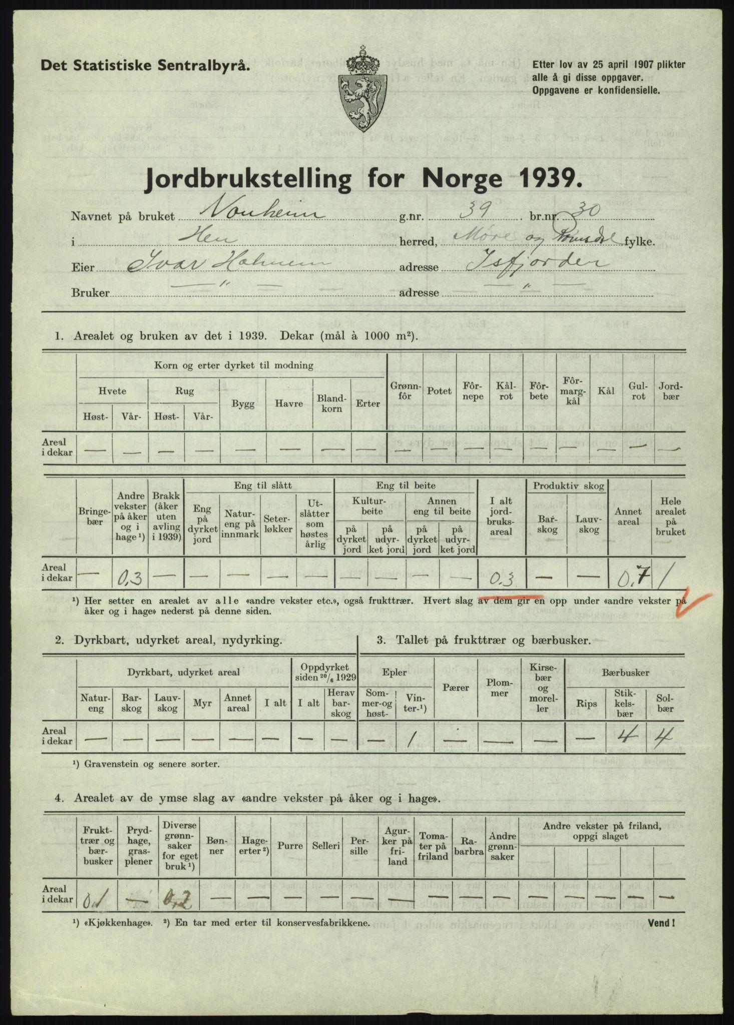 Statistisk sentralbyrå, Næringsøkonomiske emner, Jordbruk, skogbruk, jakt, fiske og fangst, AV/RA-S-2234/G/Gb/L0251: Møre og Romsdal: Voll, Eid, Grytten og Hen, 1939, p. 1039