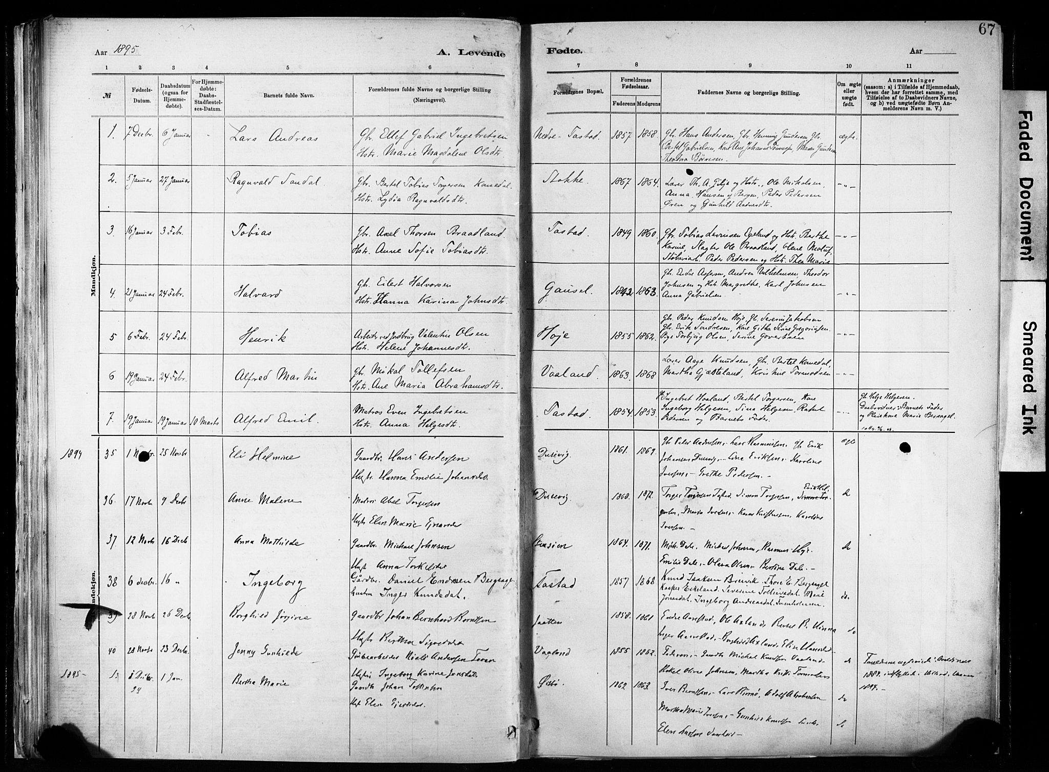 Hetland sokneprestkontor, SAST/A-101826/30/30BA/L0011: Parish register (official) no. A 11, 1884-1911, p. 67