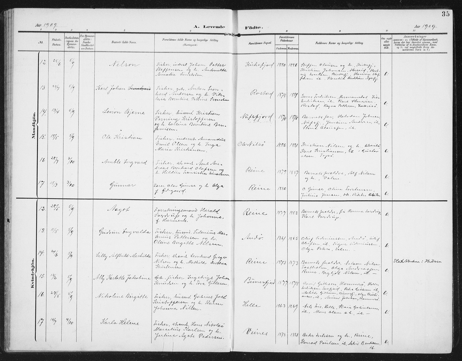 Ministerialprotokoller, klokkerbøker og fødselsregistre - Nordland, AV/SAT-A-1459/886/L1221: Parish register (official) no. 886A03, 1903-1913, p. 35