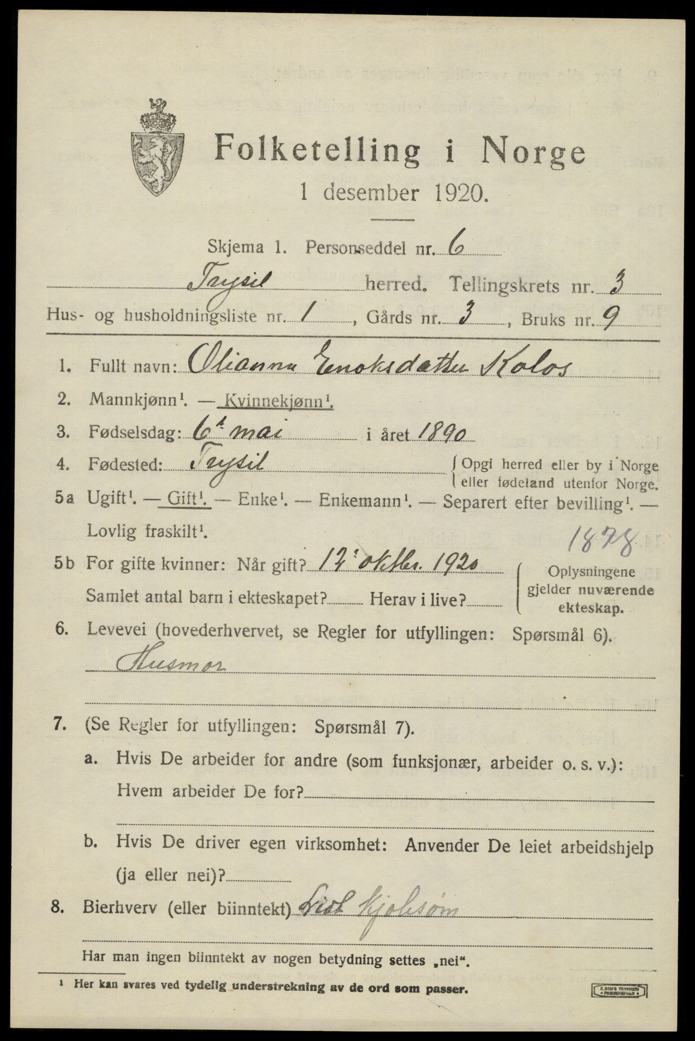 SAH, 1920 census for Trysil, 1920, p. 3487