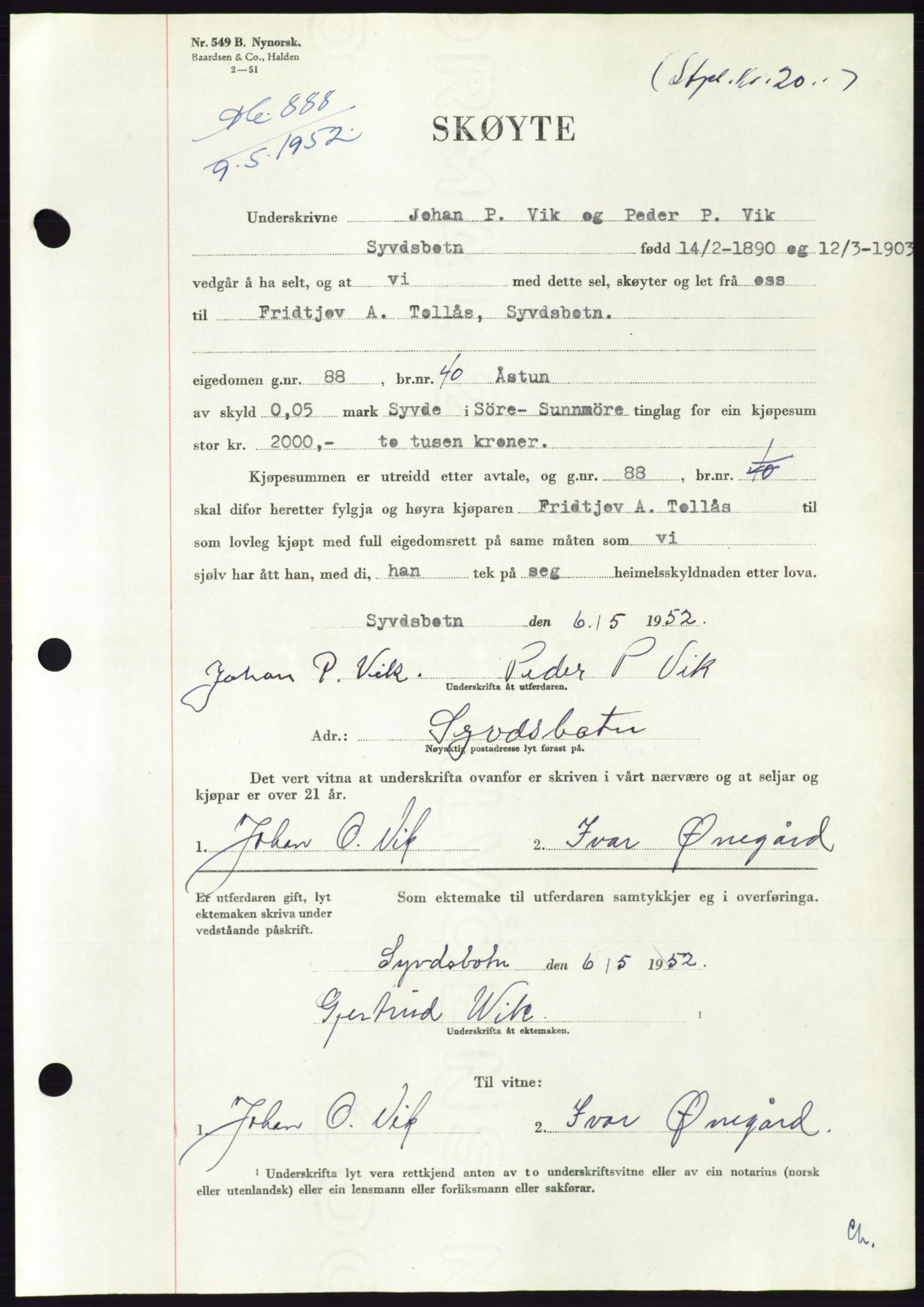 Søre Sunnmøre sorenskriveri, AV/SAT-A-4122/1/2/2C/L0092: Mortgage book no. 18A, 1952-1952, Diary no: : 888/1952
