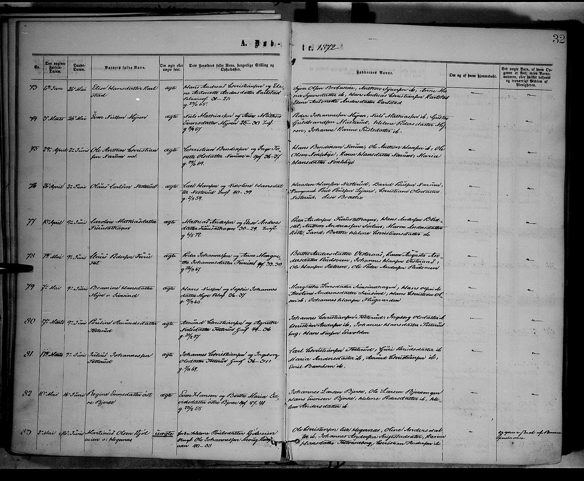 Vestre Toten prestekontor, SAH/PREST-108/H/Ha/Haa/L0008: Parish register (official) no. 8, 1870-1877, p. 32
