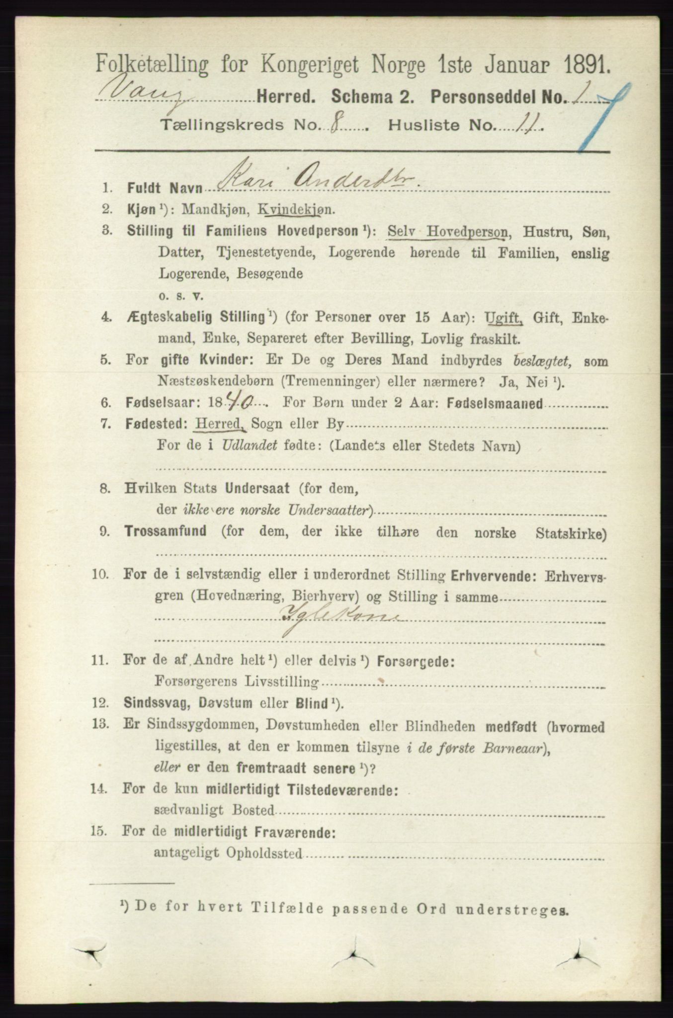 RA, 1891 census for 0414 Vang, 1891, p. 5664