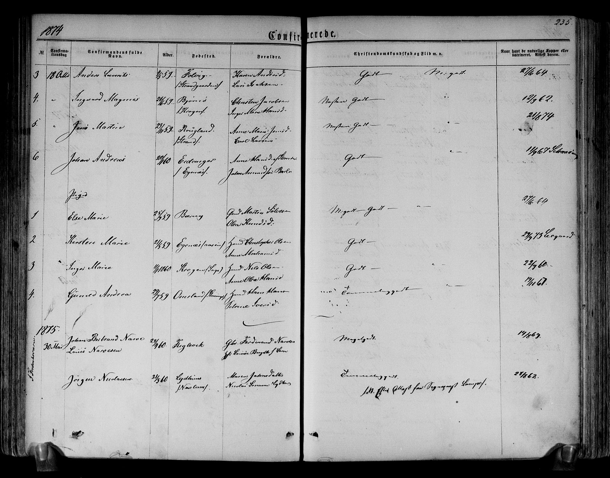 Brunlanes kirkebøker, AV/SAKO-A-342/F/Fa/L0005: Parish register (official) no. I 5, 1862-1877, p. 235