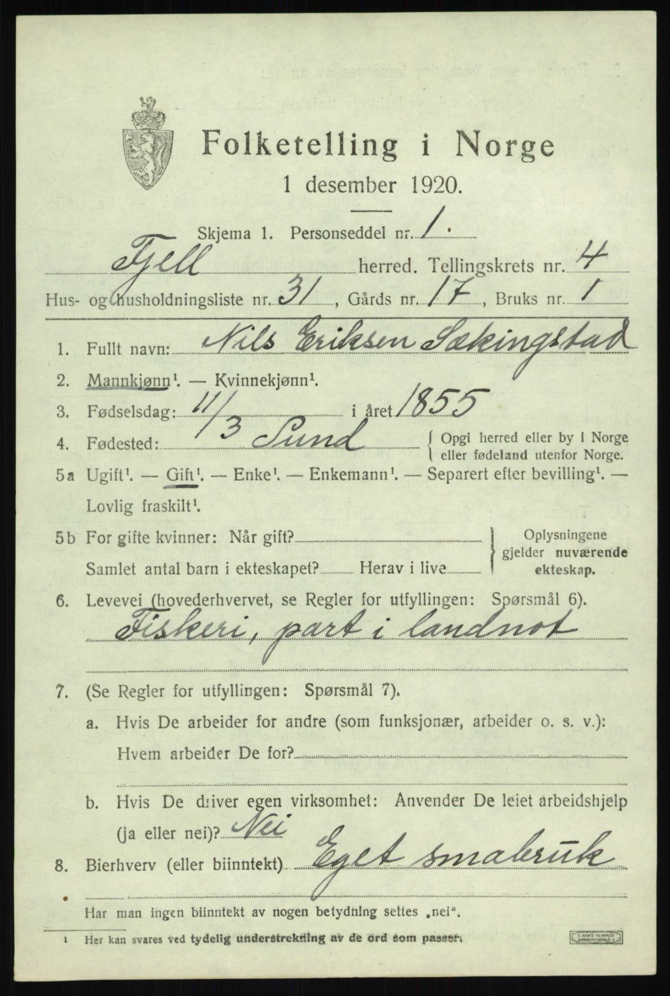 SAB, 1920 census for Fjell, 1920, p. 4094