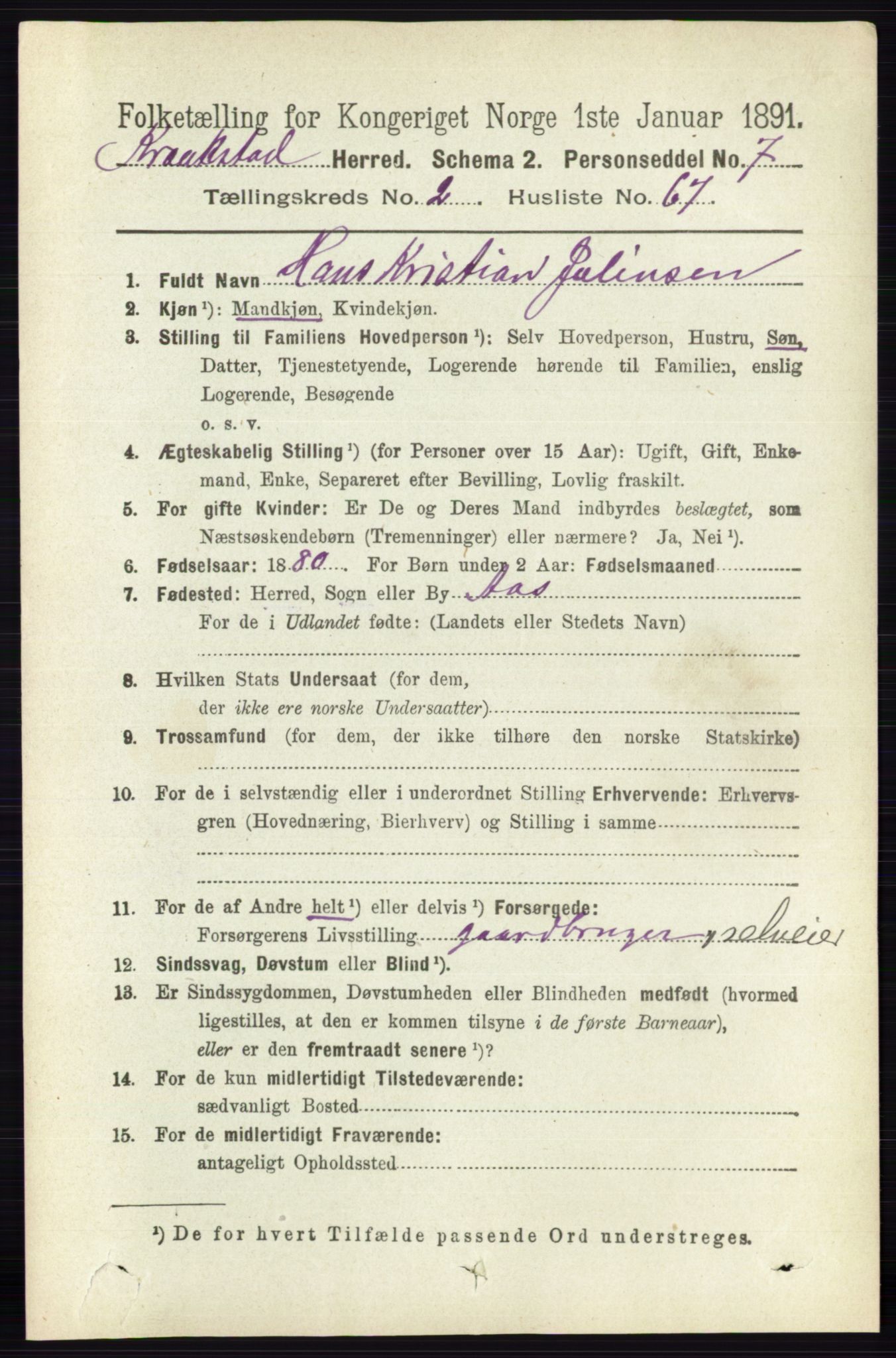 RA, 1891 census for 0212 Kråkstad, 1891, p. 1111