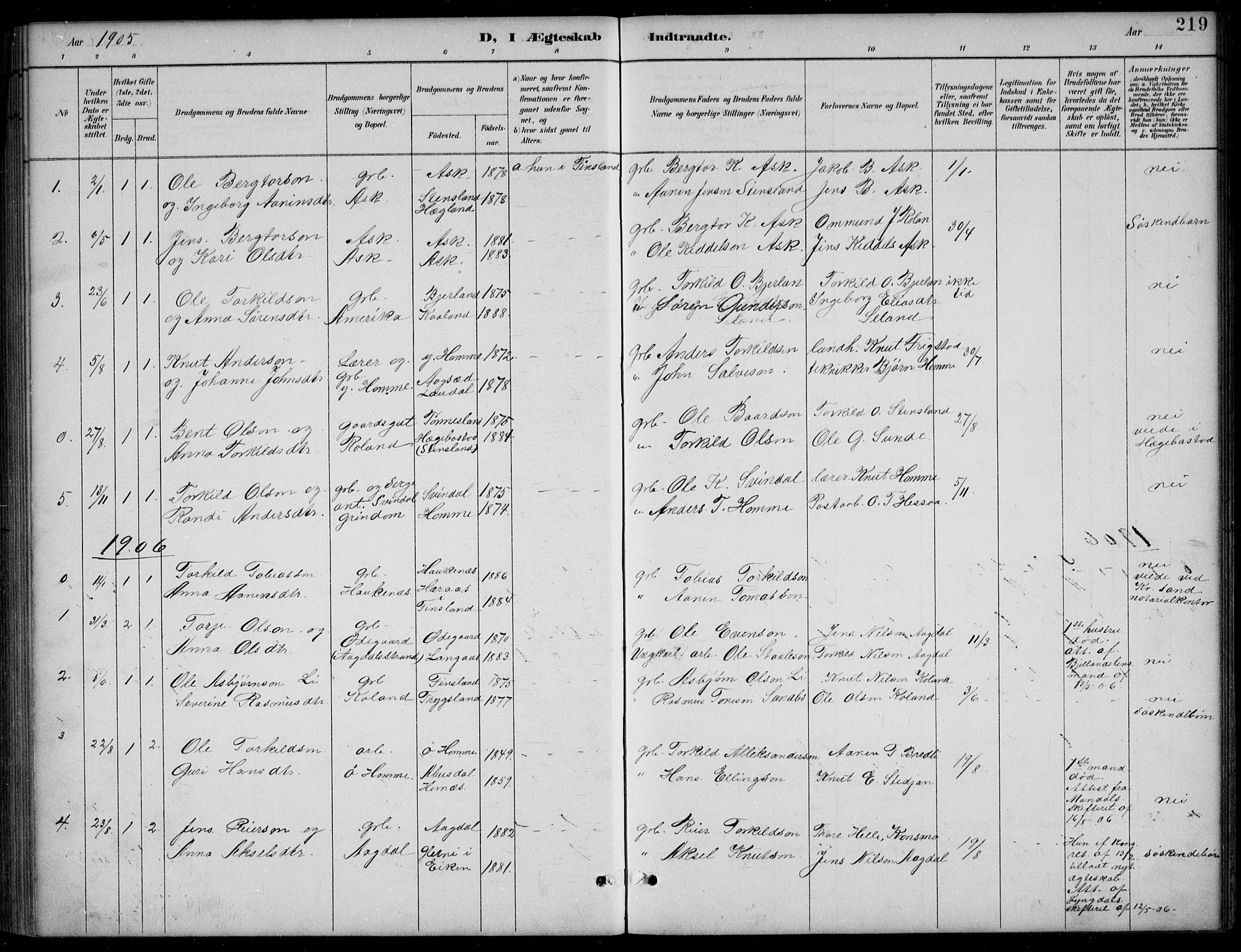 Bjelland sokneprestkontor, SAK/1111-0005/F/Fb/Fba/L0005: Parish register (copy) no. B 5, 1887-1923, p. 219