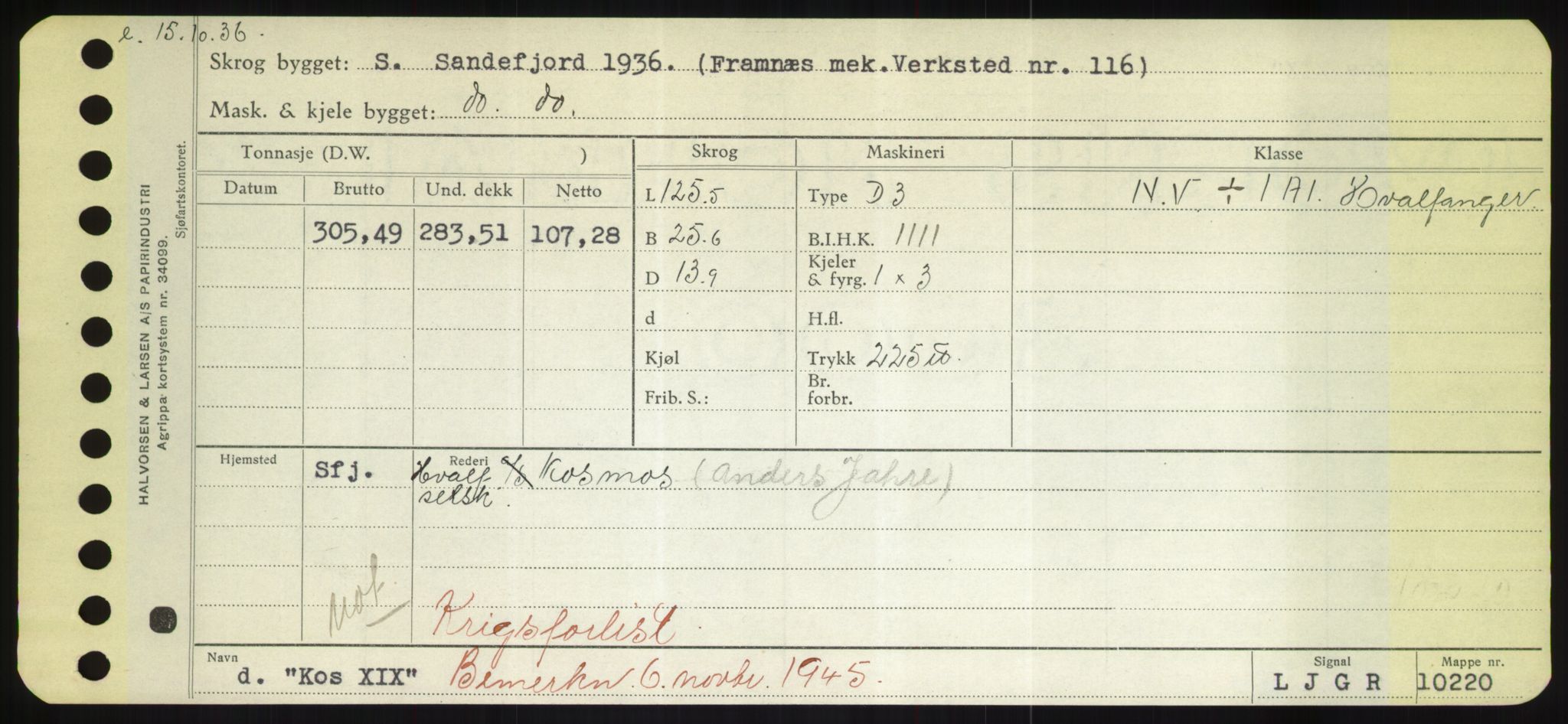 Sjøfartsdirektoratet med forløpere, Skipsmålingen, RA/S-1627/H/Hd/L0021: Fartøy, Kor-Kår, p. 51