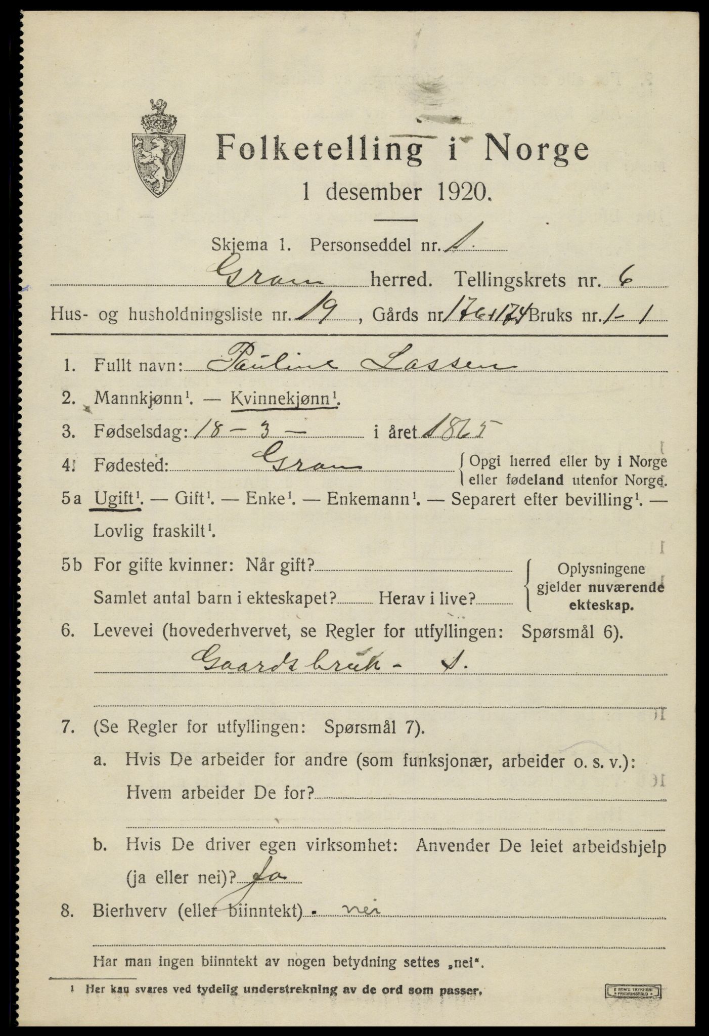 SAH, 1920 census for Gran, 1920, p. 8547