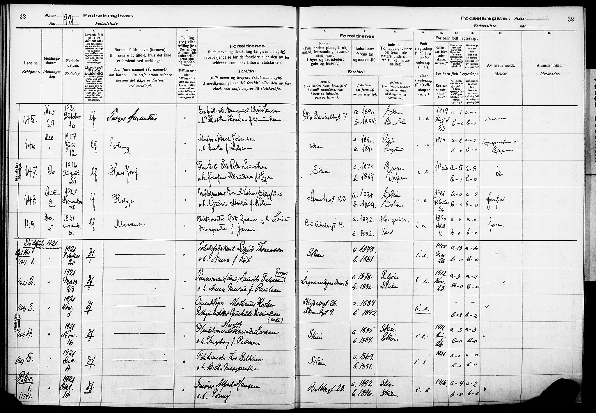 Skien kirkebøker, AV/SAKO-A-302/J/Ja/L0002: Birth register no. 2, 1921-1927, p. 32