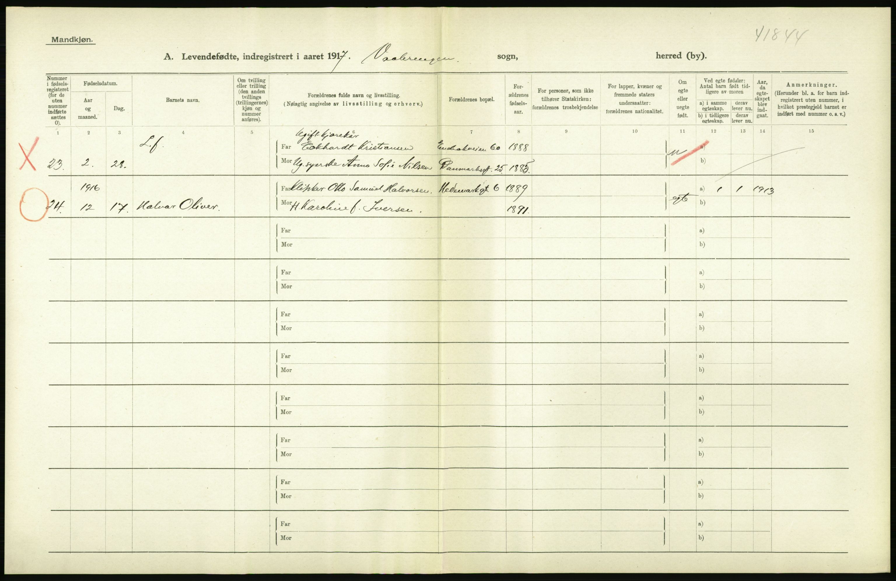 Statistisk sentralbyrå, Sosiodemografiske emner, Befolkning, RA/S-2228/D/Df/Dfb/Dfbg/L0006: Kristiania: Levendefødte menn og kvinner., 1917, p. 320