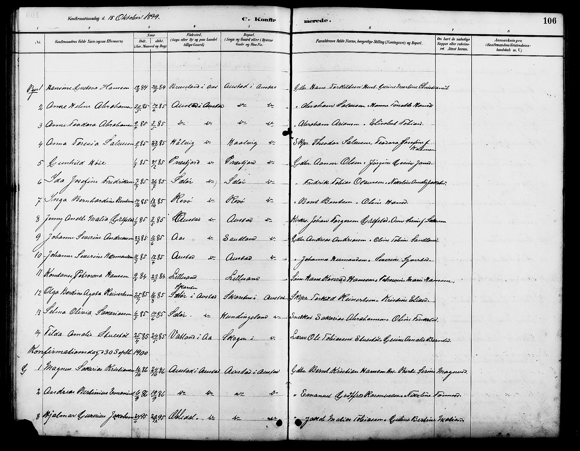Lyngdal sokneprestkontor, SAK/1111-0029/F/Fb/Fba/L0003: Parish register (copy) no. B 3, 1886-1903, p. 106