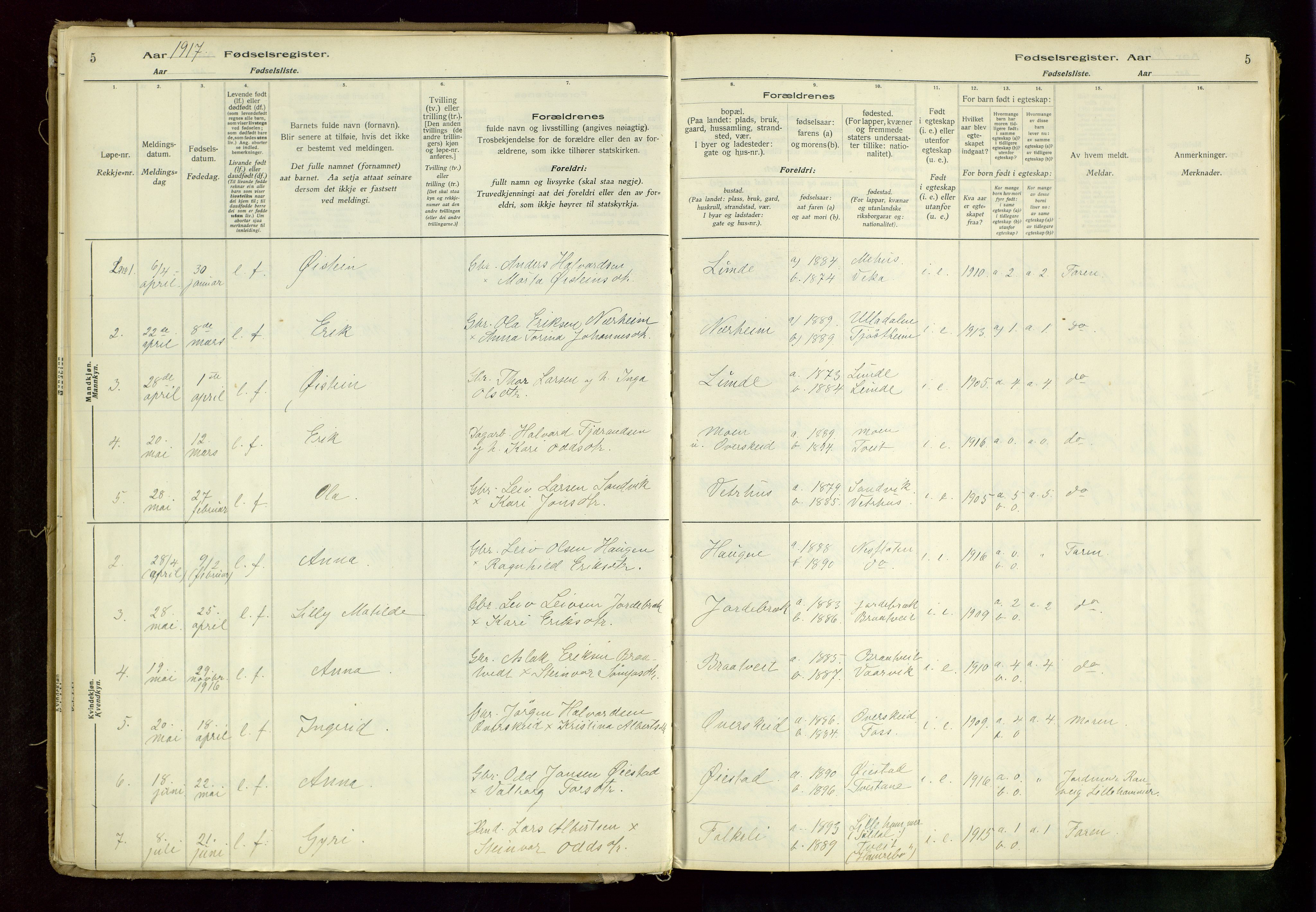 Suldal sokneprestkontor, AV/SAST-A-101845/03/A/L0002: Birth register no. 2, 1916-1982, p. 5