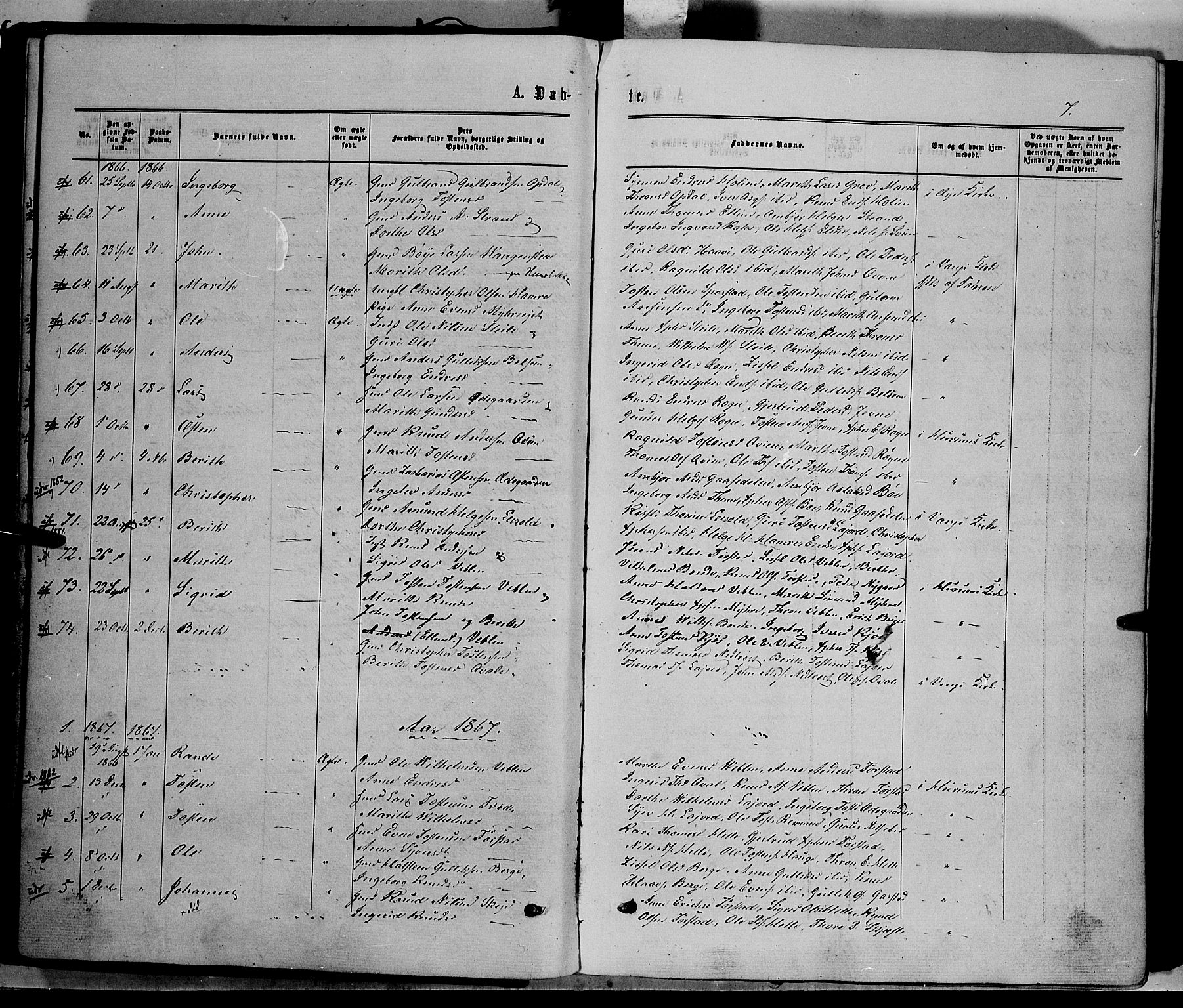 Vang prestekontor, Valdres, SAH/PREST-140/H/Ha/L0007: Parish register (official) no. 7, 1865-1881, p. 7