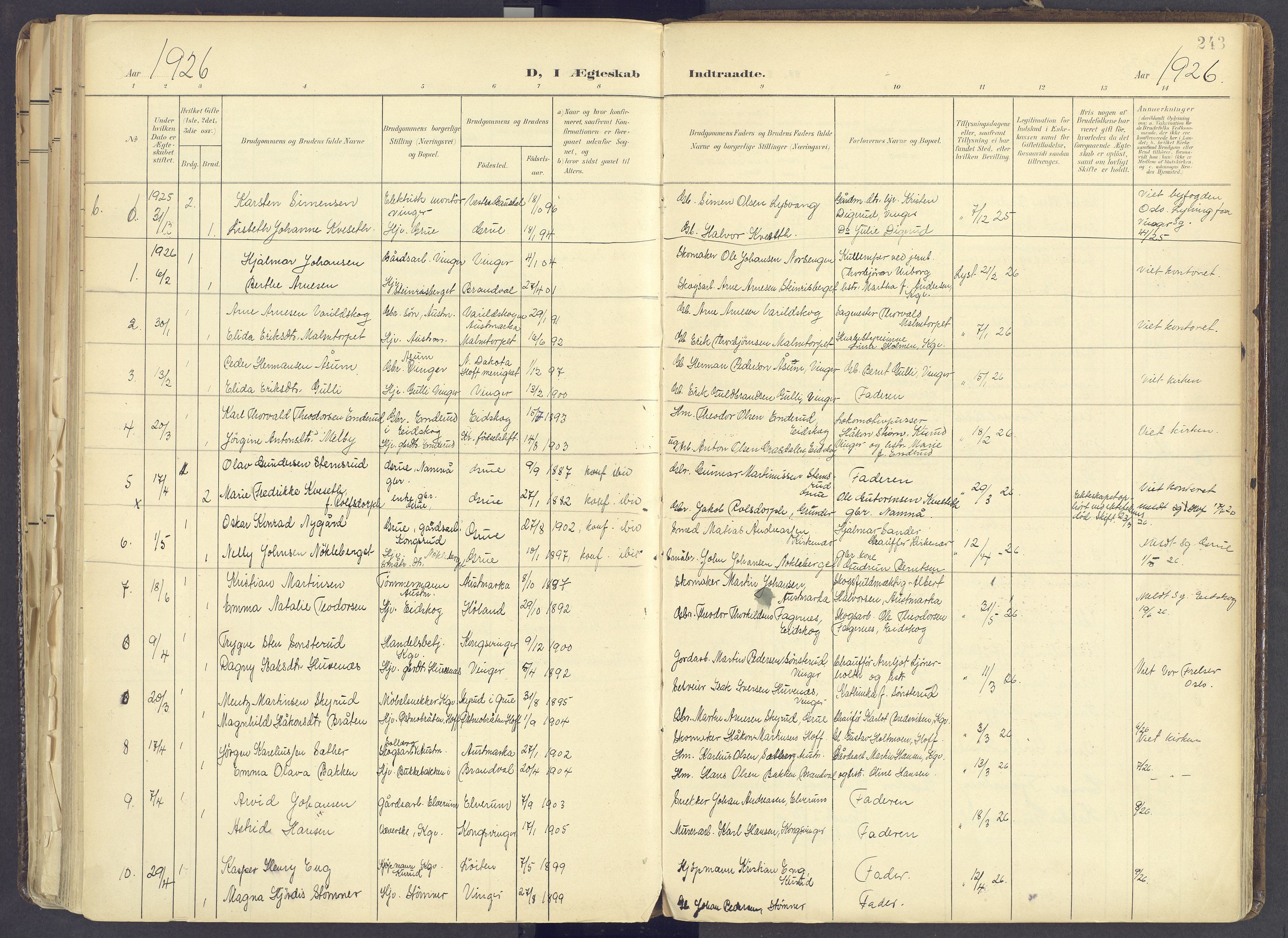 Vinger prestekontor, AV/SAH-PREST-024/H/Ha/Haa/L0017: Parish register (official) no. 17, 1901-1927, p. 243