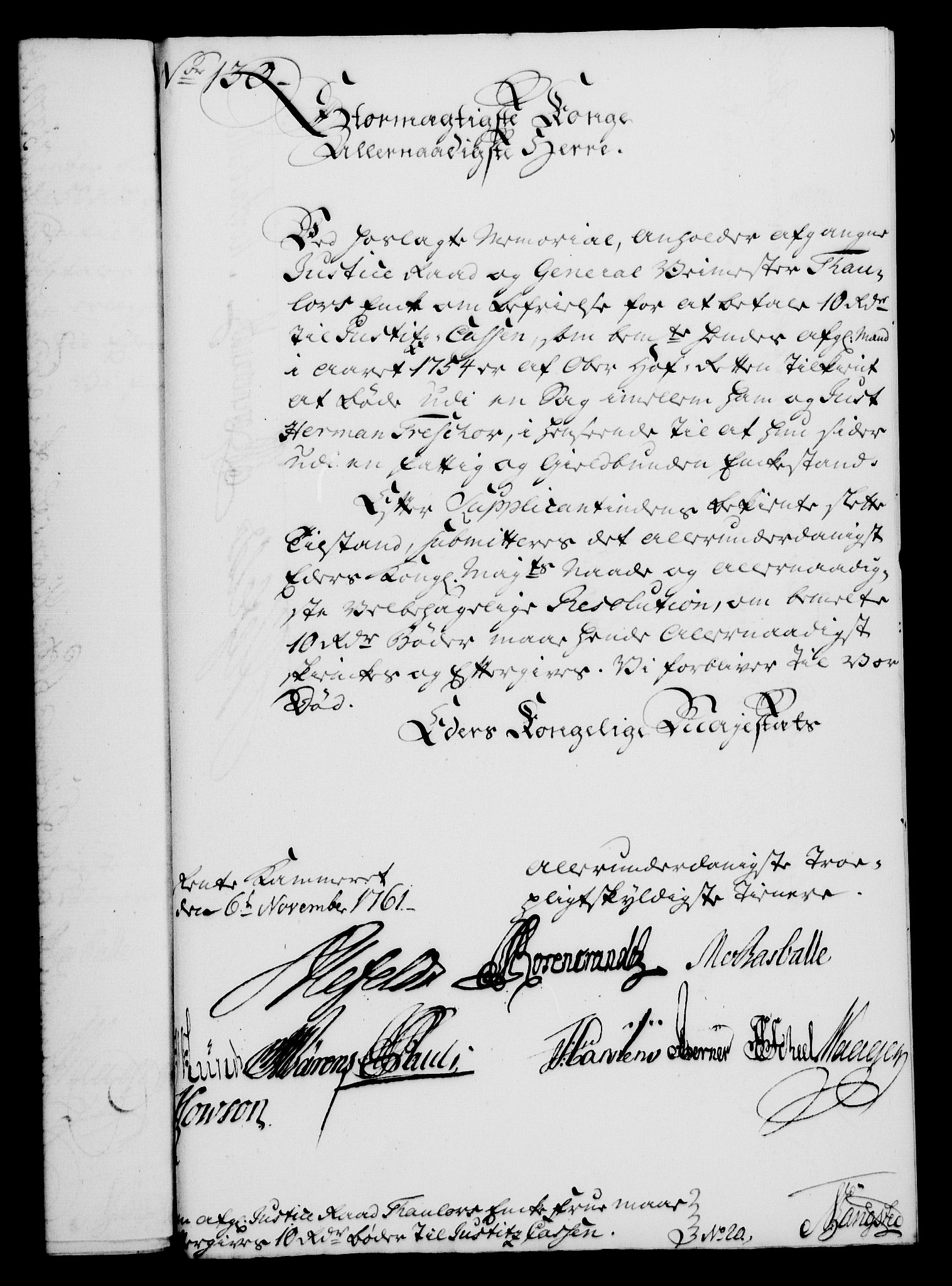 Rentekammeret, Kammerkanselliet, AV/RA-EA-3111/G/Gf/Gfa/L0043: Norsk relasjons- og resolusjonsprotokoll (merket RK 52.43), 1761, p. 485