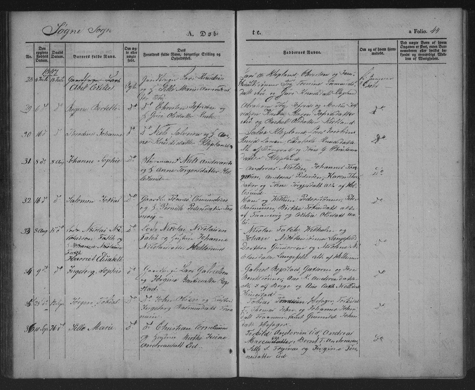 Søgne sokneprestkontor, AV/SAK-1111-0037/F/Fa/Fab/L0009: Parish register (official) no. A 9, 1838-1853, p. 44