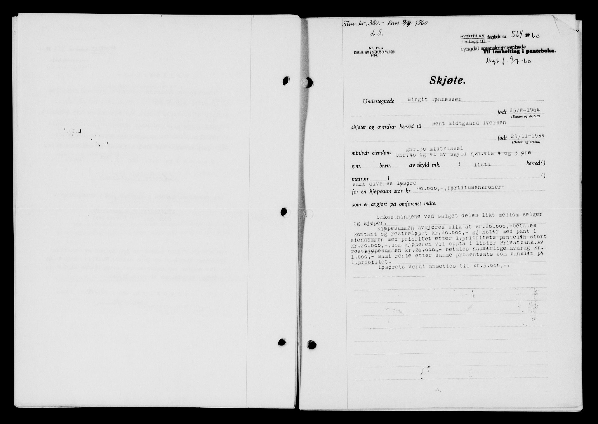 Lyngdal sorenskriveri, AV/SAK-1221-0004/G/Gb/L0680: Mortgage book no. A XXVI, 1960-1960, Diary no: : 564/1960