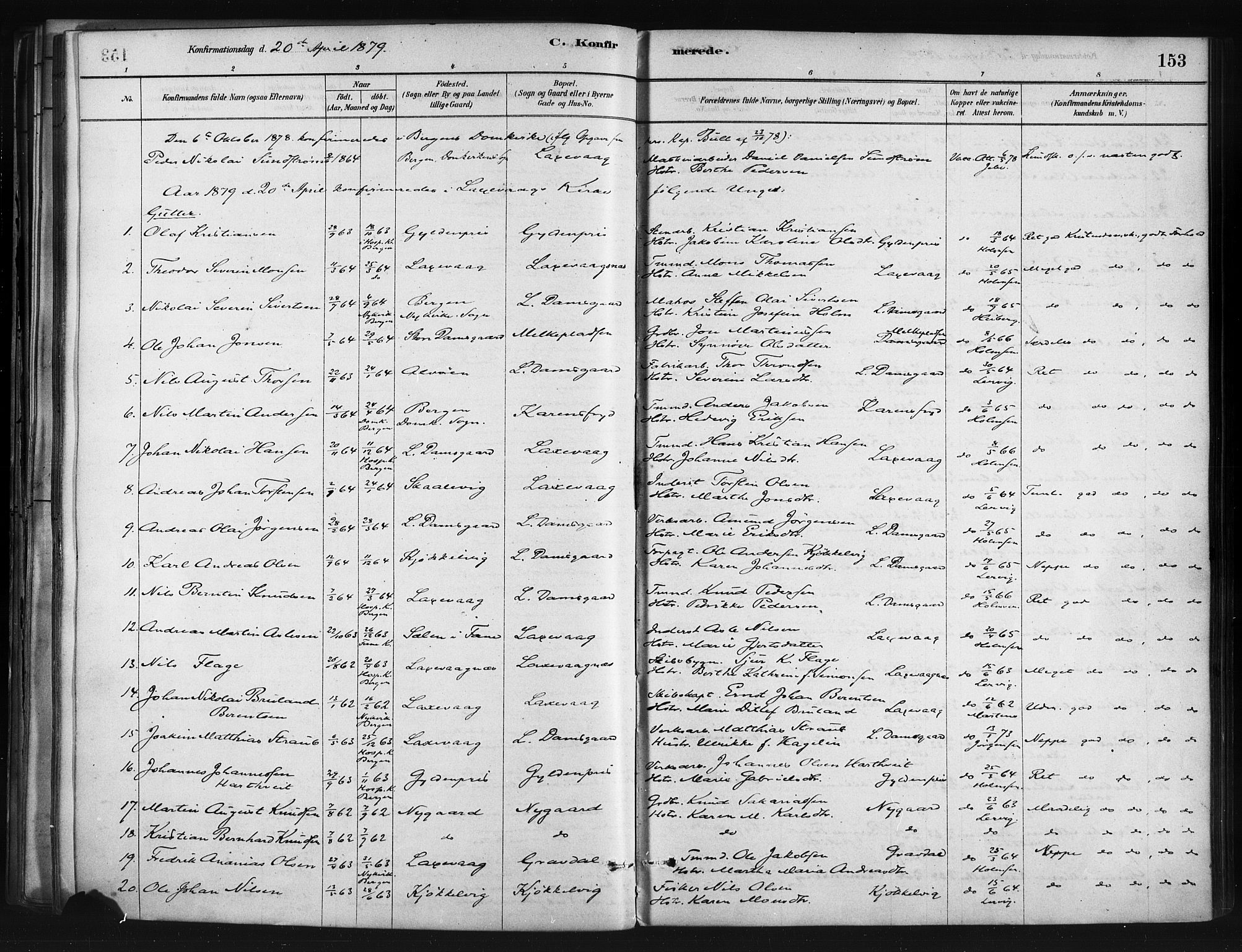 Askøy Sokneprestembete, SAB/A-74101/H/Ha/Haa/Haae/L0002: Parish register (official) no. E 2, 1878-1891, p. 153