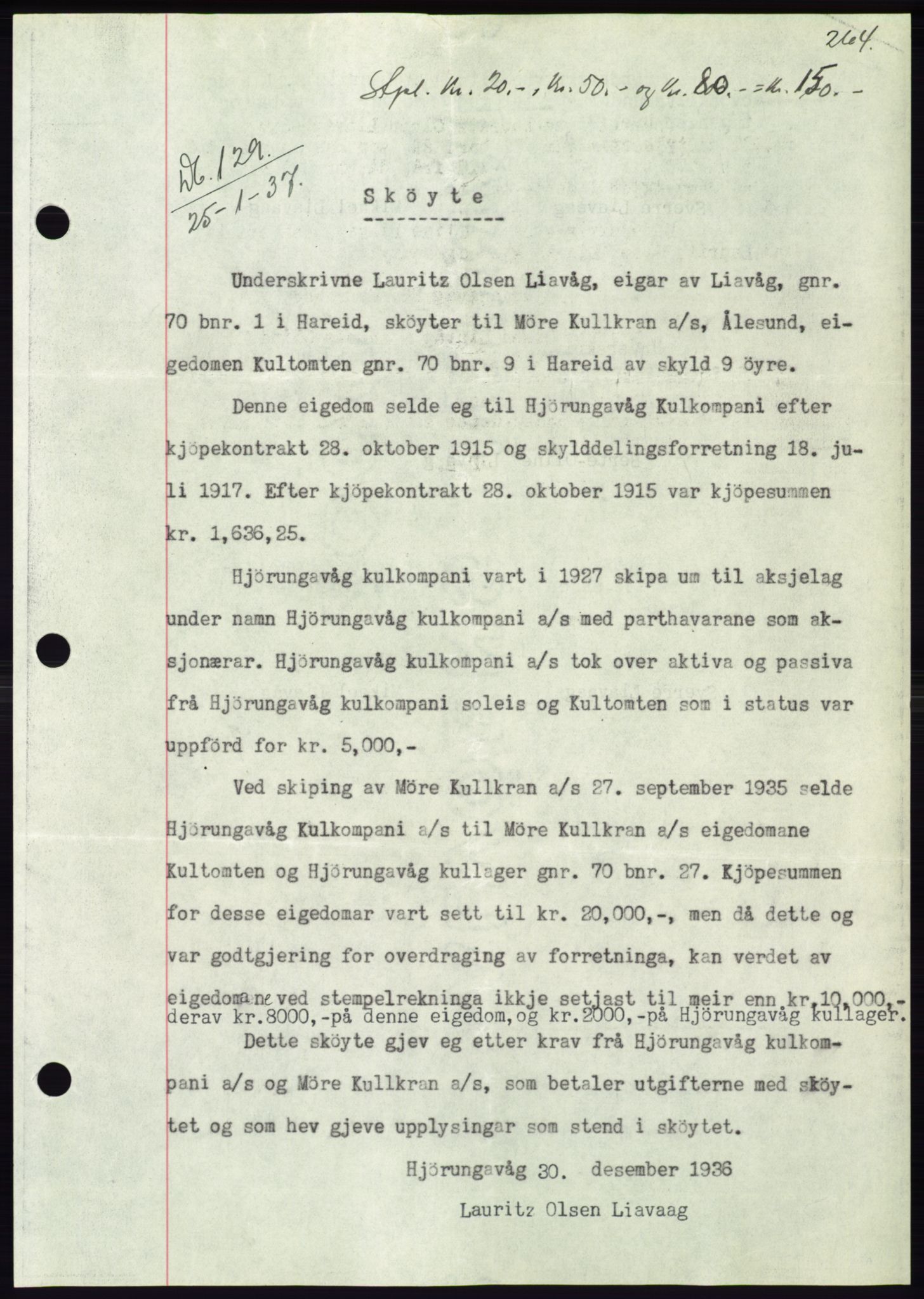 Søre Sunnmøre sorenskriveri, AV/SAT-A-4122/1/2/2C/L0062: Mortgage book no. 56, 1936-1937, Diary no: : 129/1937