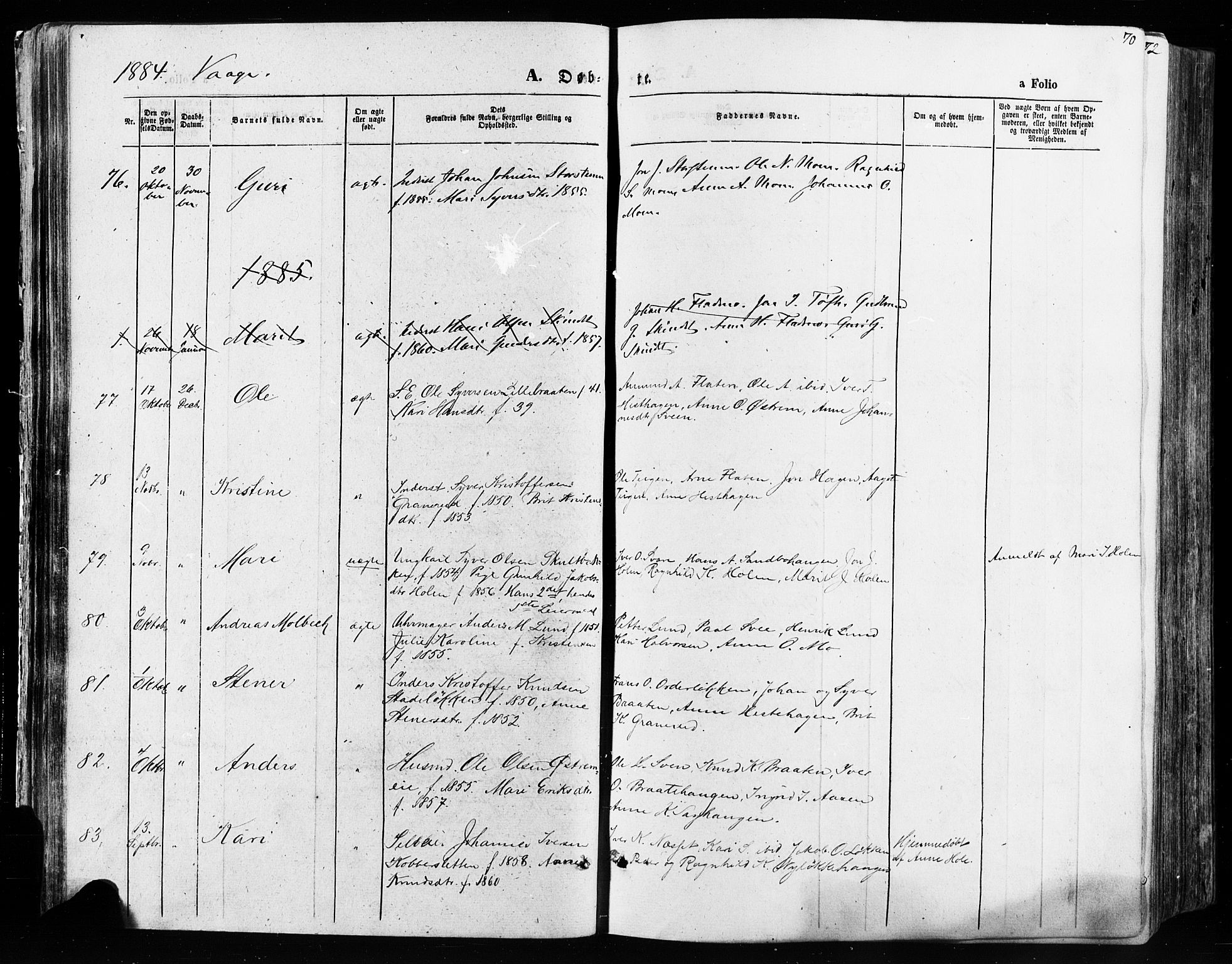 Vågå prestekontor, SAH/PREST-076/H/Ha/Haa/L0007: Parish register (official) no. 7 /1, 1872-1886, p. 70