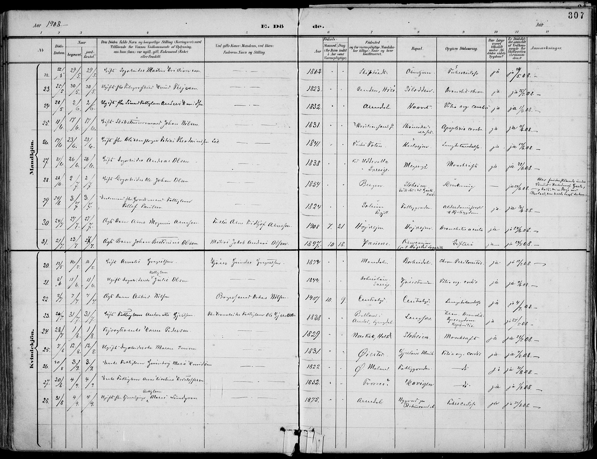 Barbu sokneprestkontor, AV/SAK-1111-0003/F/Fa/L0005: Parish register (official) no. A 5, 1899-1909, p. 307