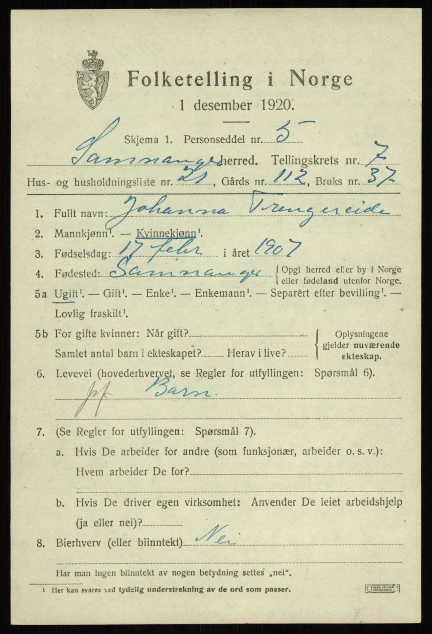 SAB, 1920 census for Samnanger, 1920, p. 3415