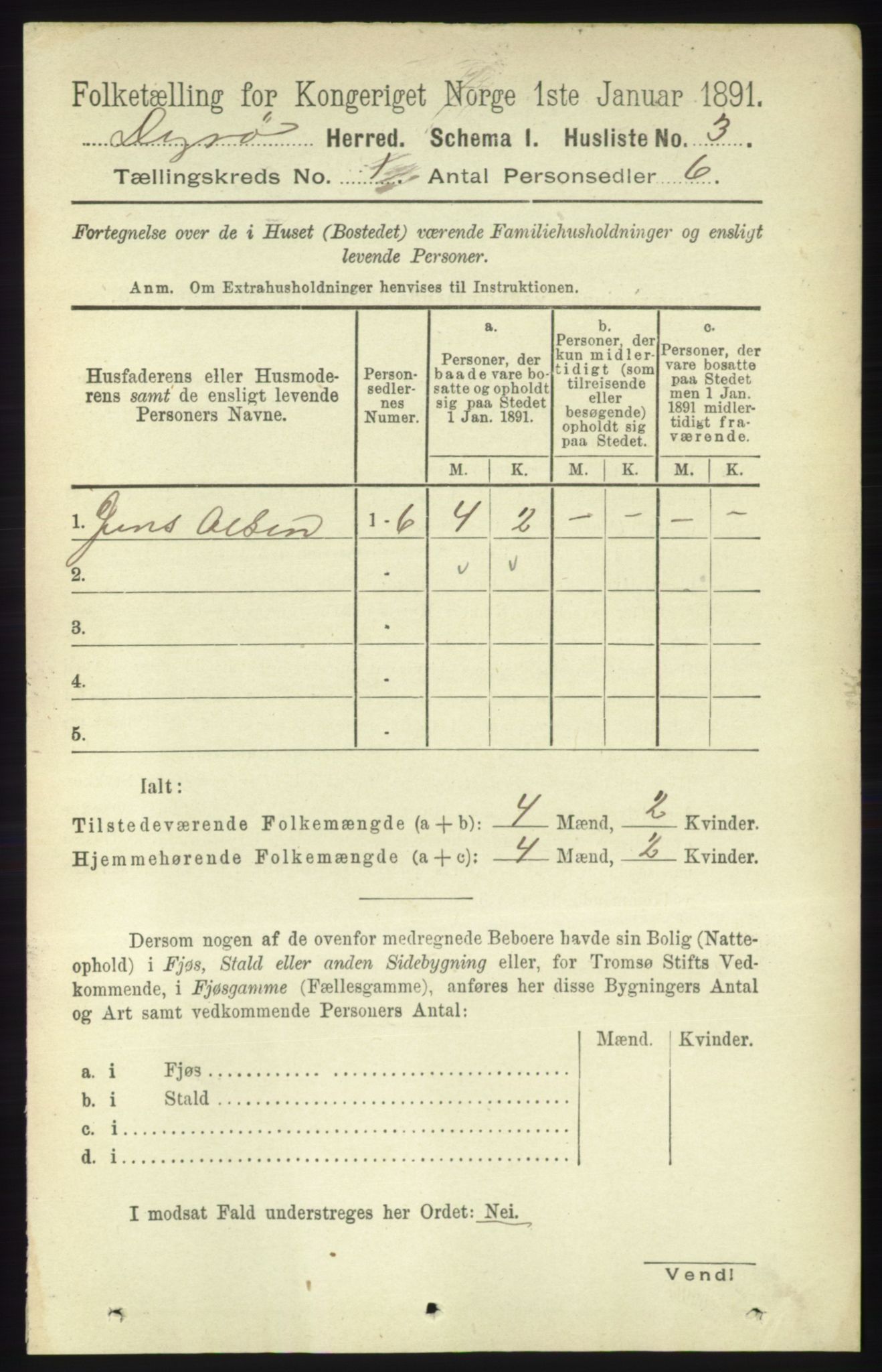 RA, 1891 census for 1926 Dyrøy, 1891, p. 18