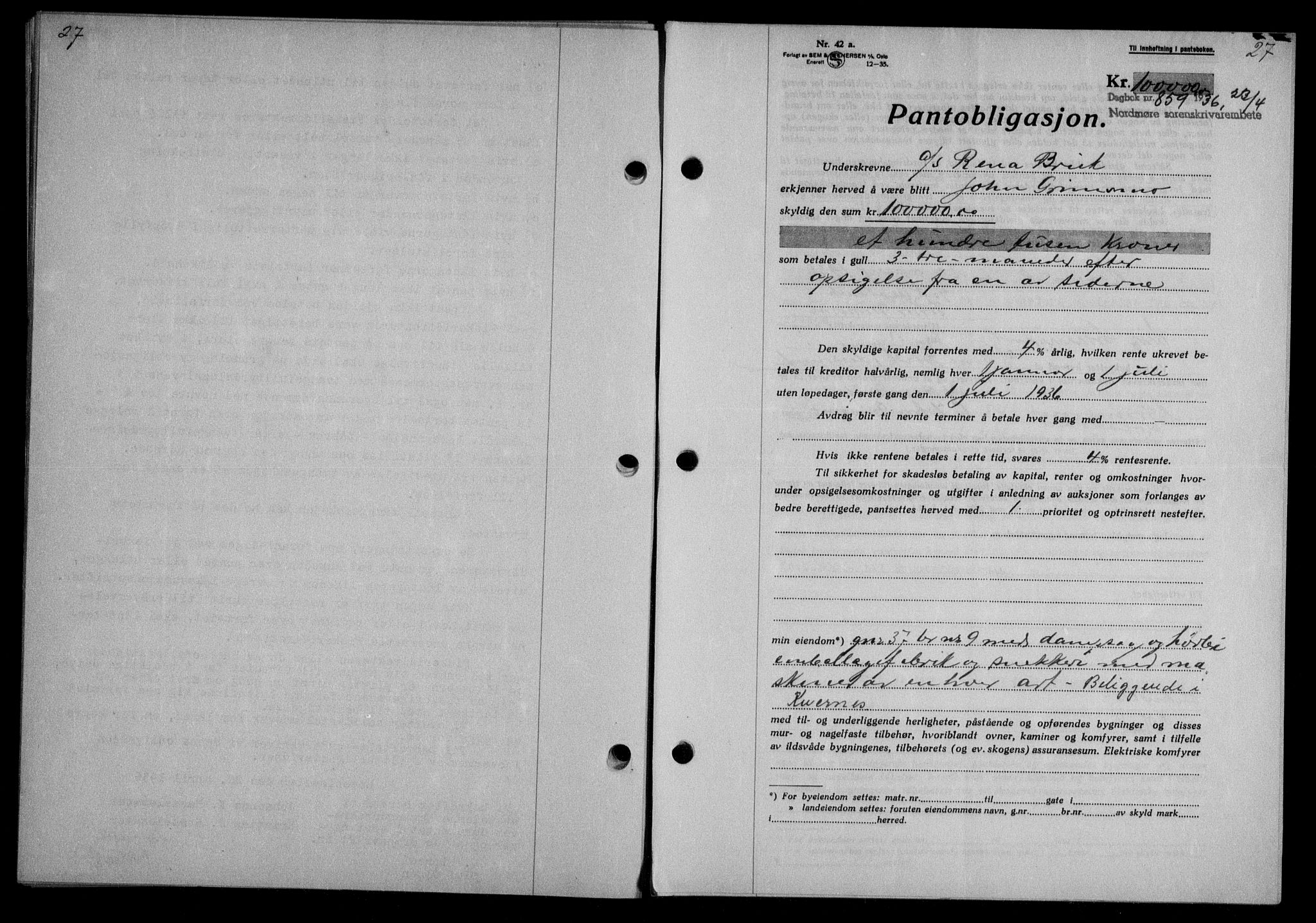 Nordmøre sorenskriveri, AV/SAT-A-4132/1/2/2Ca/L0088: Mortgage book no. 78, 1936-1936, Diary no: : 859/1936