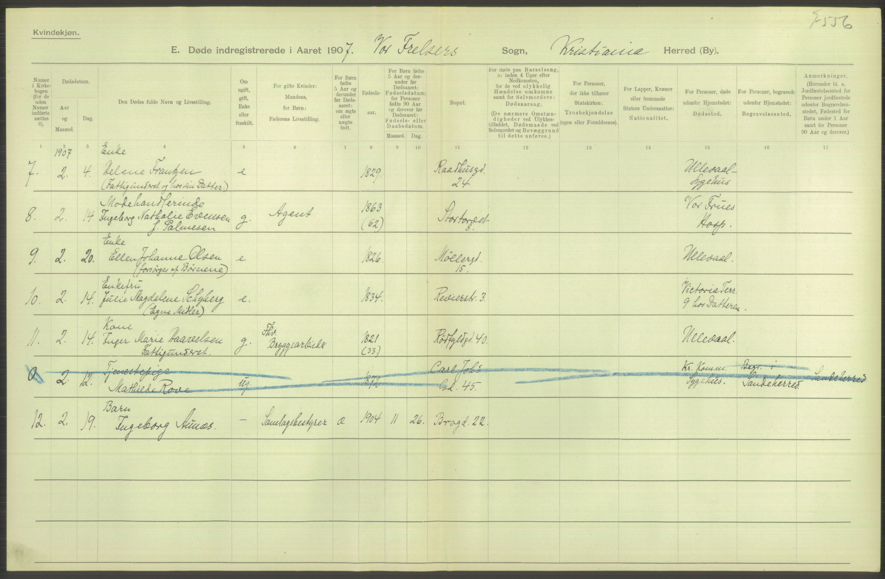 Statistisk sentralbyrå, Sosiodemografiske emner, Befolkning, AV/RA-S-2228/D/Df/Dfa/Dfae/L0009: Kristiania: Døde, 1907, p. 216