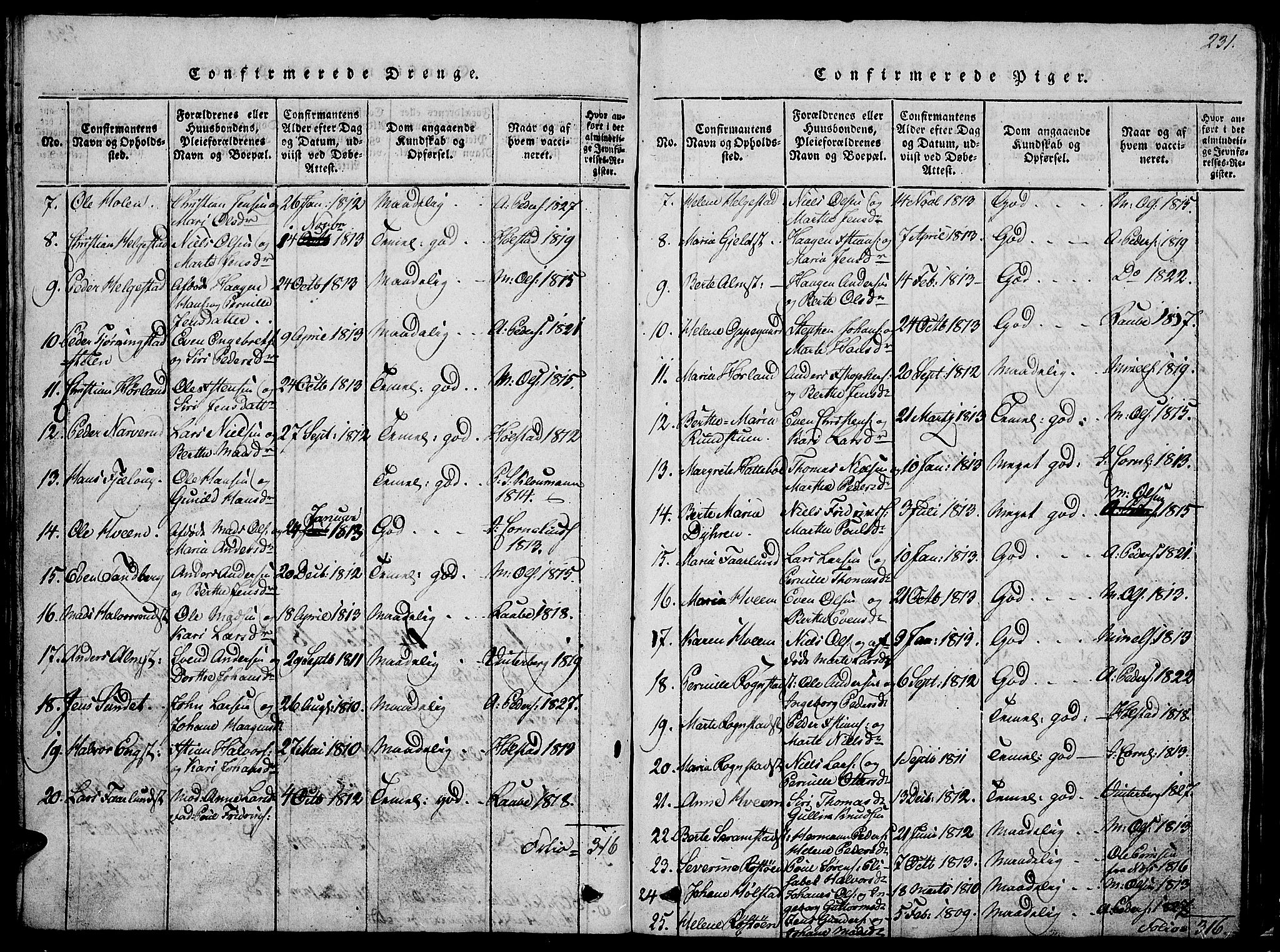 Østre Toten prestekontor, SAH/PREST-104/H/Ha/Hab/L0001: Parish register (copy) no. 1, 1827-1839, p. 231