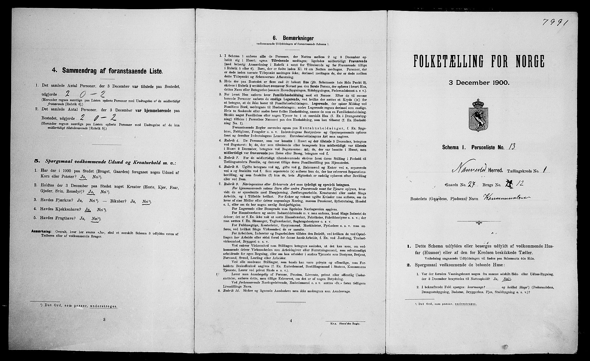 SAO, 1900 census for Nannestad, 1900