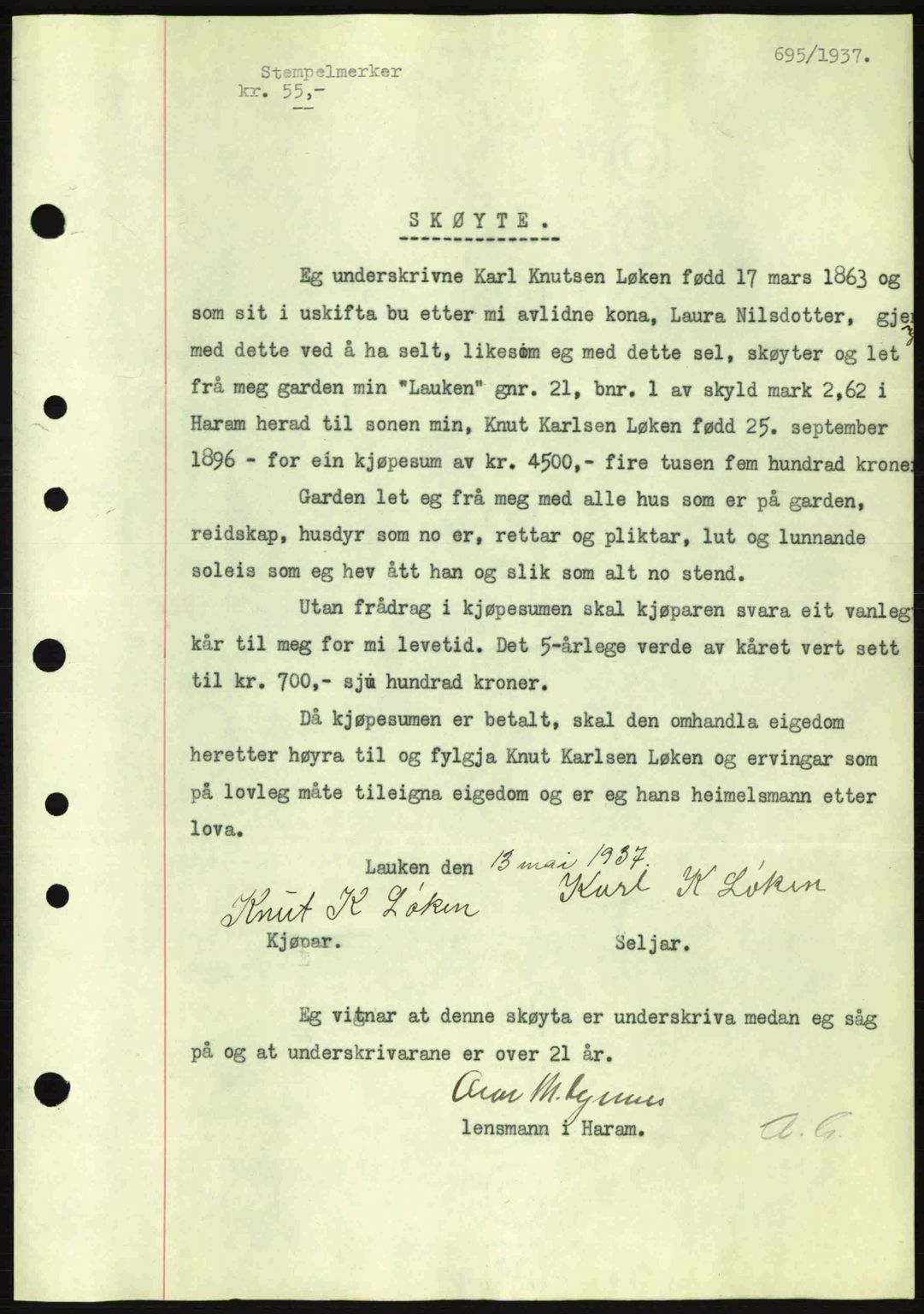 Nordre Sunnmøre sorenskriveri, AV/SAT-A-0006/1/2/2C/2Ca: Mortgage book no. A2, 1936-1937, Diary no: : 695/1937