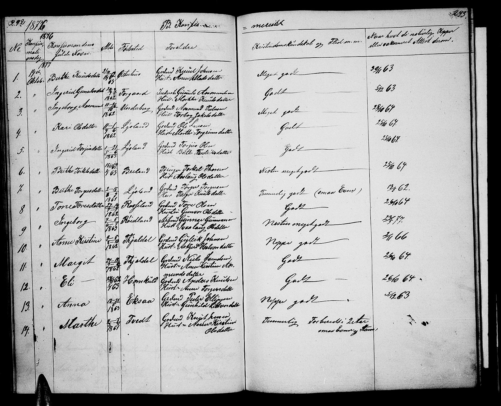 Åseral sokneprestkontor, AV/SAK-1111-0051/F/Fb/L0001: Parish register (copy) no. B 1, 1856-1877, p. 292-293